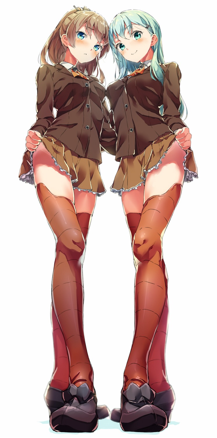 aida_takanobu, kantai_collection, kumano_(kancolle), nopan, seifuku, skirt_lift, suzuya_(kancolle), symmetrical_docking, thighhighs