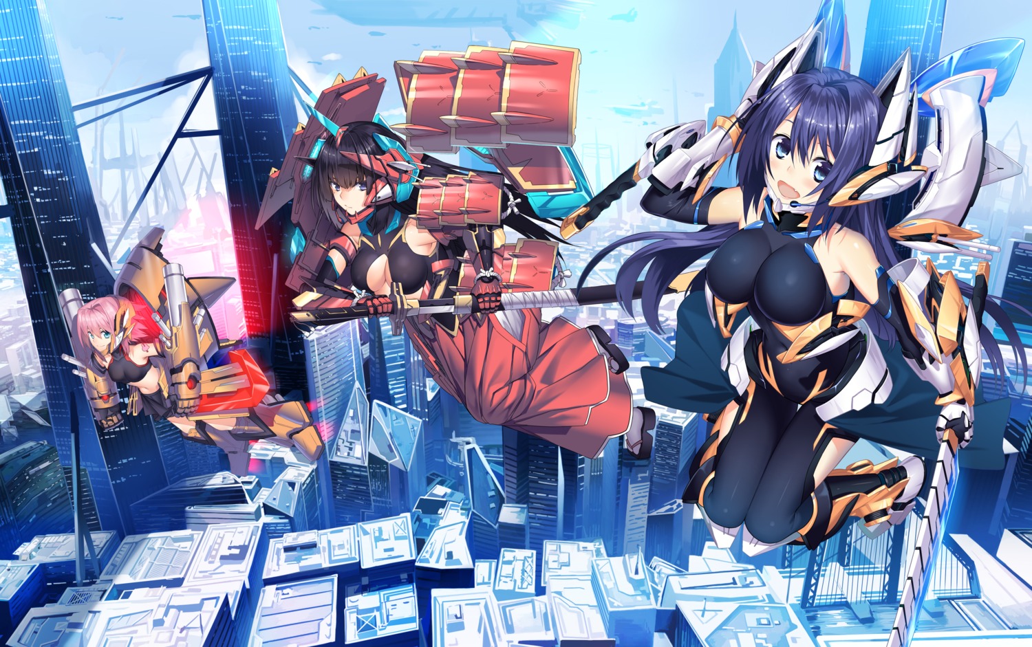 bodysuit, cleavage, hullabaloo, landscape, mecha_musume, sword, weapon