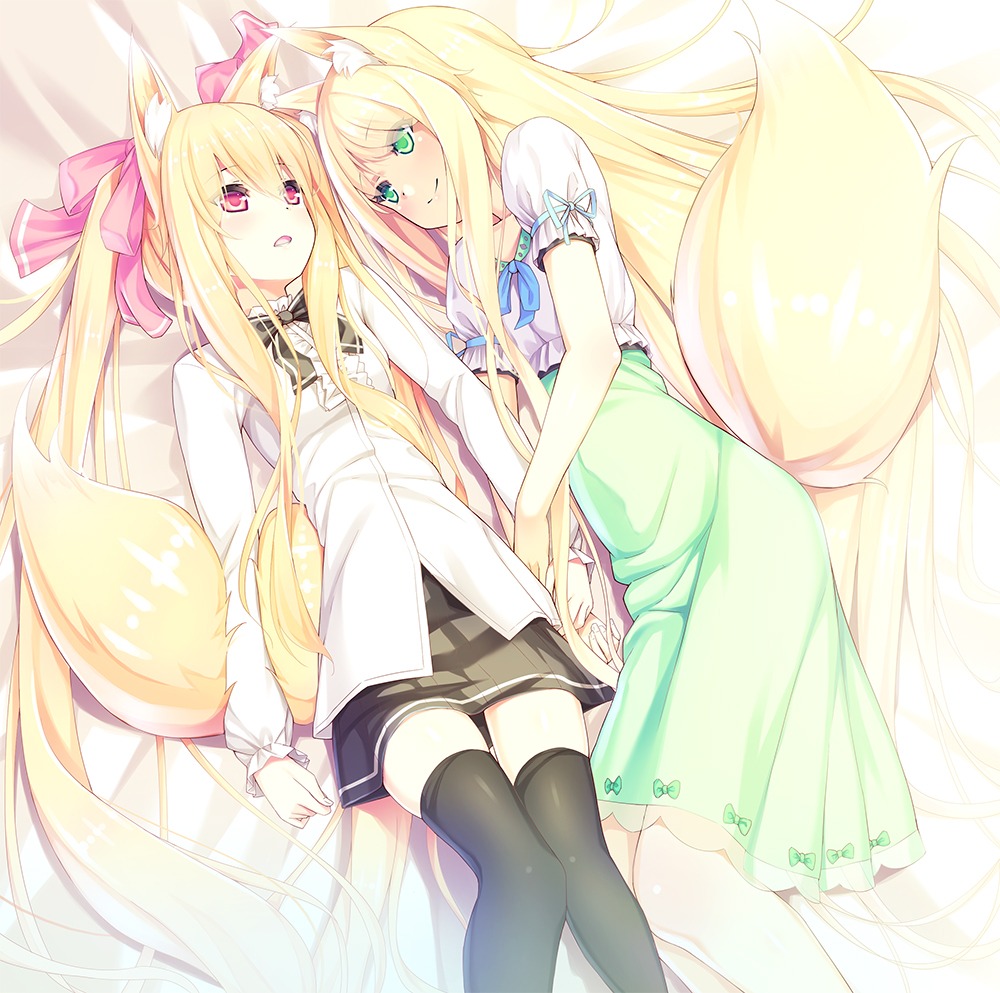 animal_ears, dress, kitsune, pellagra, tail, thighhighs