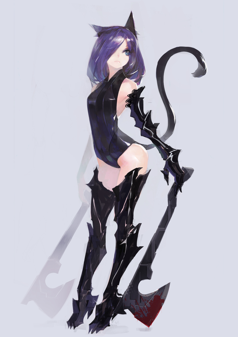 animal_ears, blood, manase, nekomimi, tail, thighhighs, weapon