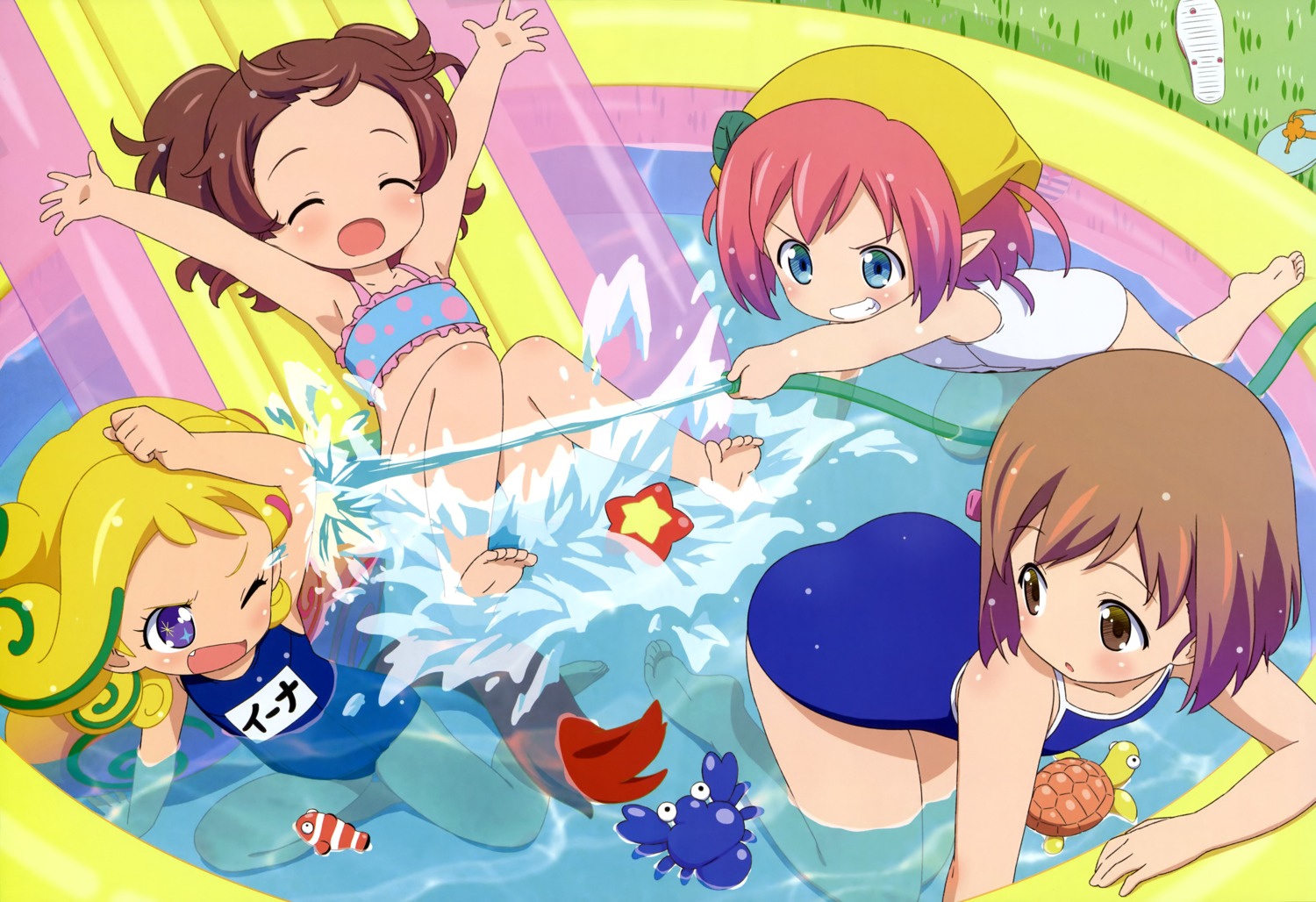 bikini, haitai_nanafa, iina_(haitai_nanafa), kyan_kokona, kyan_nanafa, nina_(haitai_nanafa), pointy_ears, school_swimsuit, swimsuits