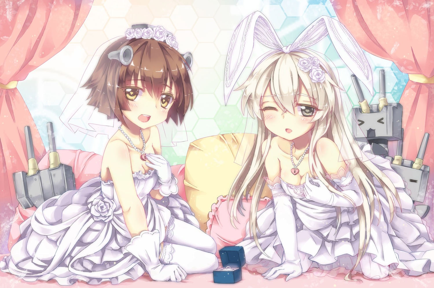 abyss_of_parliament, breast_hold, cleavage, dress, kantai_collection, rensouhou-chan, shimakaze_(kancolle), thighhighs, wedding_dress, yukikaze_(kancolle)