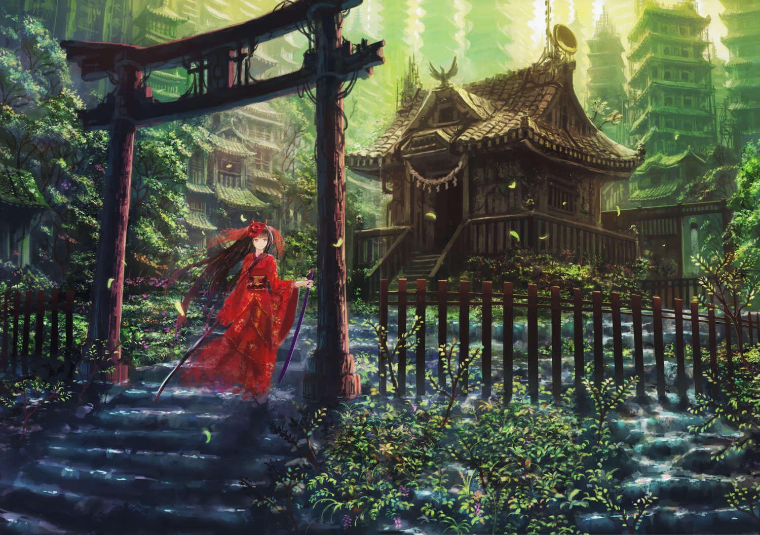 crease, denki, fusion_factory, kimono, landscape, sword