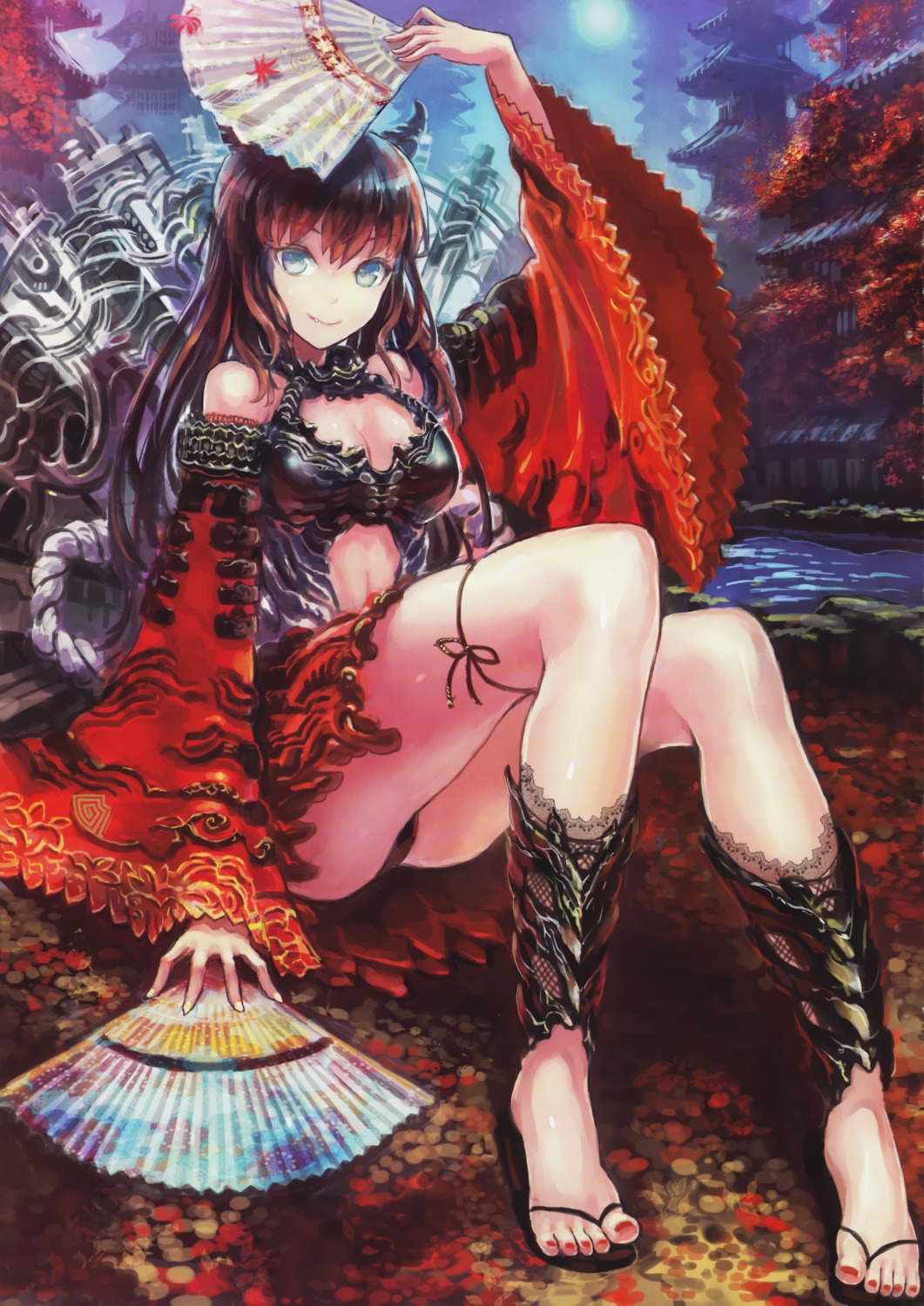 cleavage, denki, fusion_factory, garter, horns, pantsu