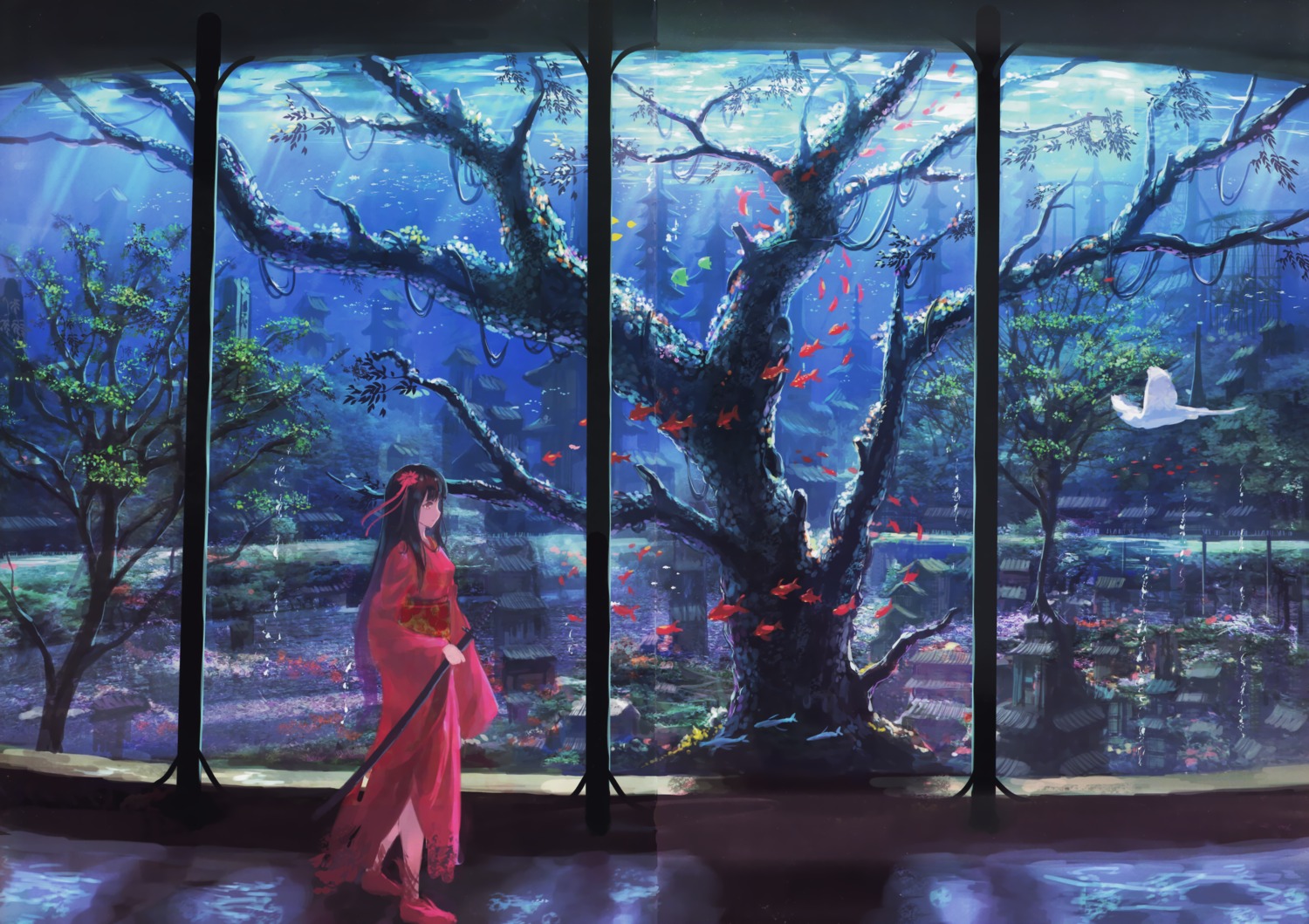 crease, denki, fusion_factory, kimono, landscape, sword