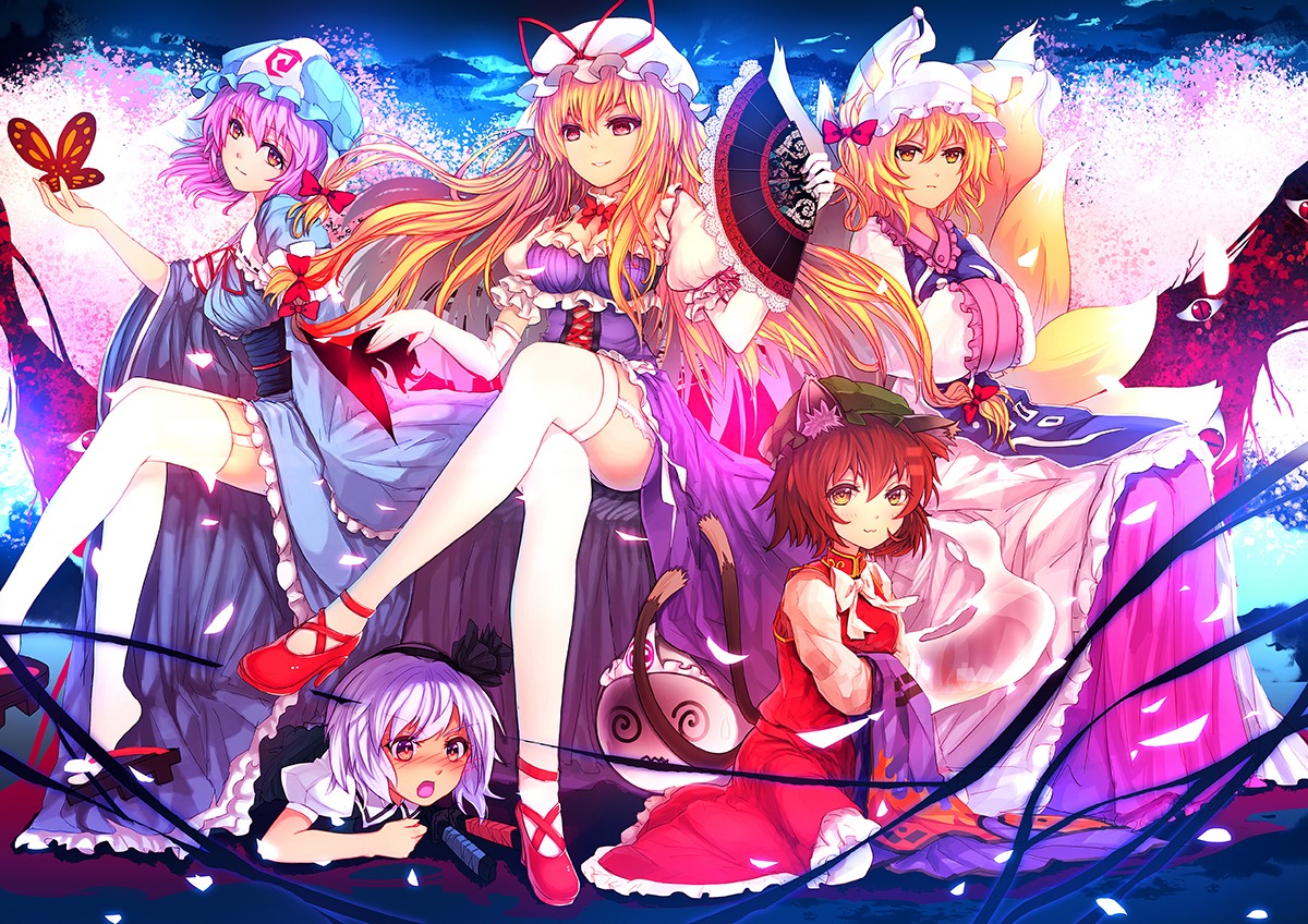 animal_ears, chen, eva200499, konpaku_youmu, saigyouji_yuyuko, tail, thighhighs, touhou, yakumo_ran, yakumo_yukari