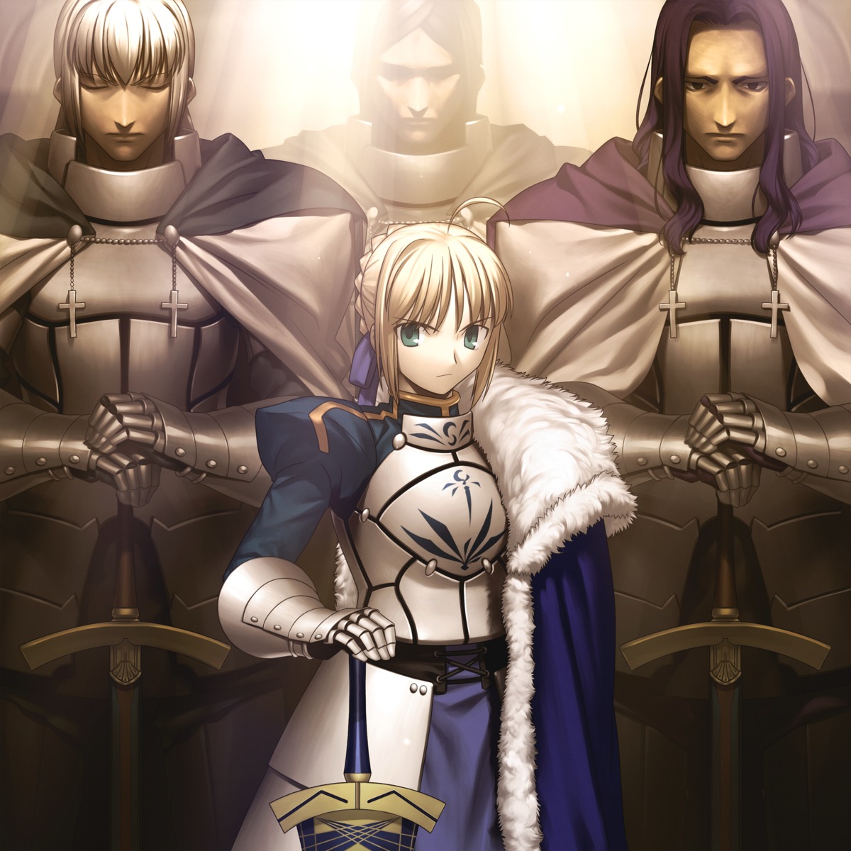 armor, artoria_pendragon_(fate), bedivere_(fate), fate/stay_night, lancelot_(fate), sword, takeuchi_takashi, type-moon