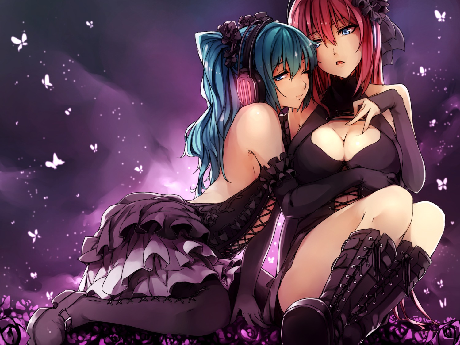 cleavage, dress, genyaky, hatsune_miku, headphones, magnet_(vocaloid), megurine_luka, vocaloid