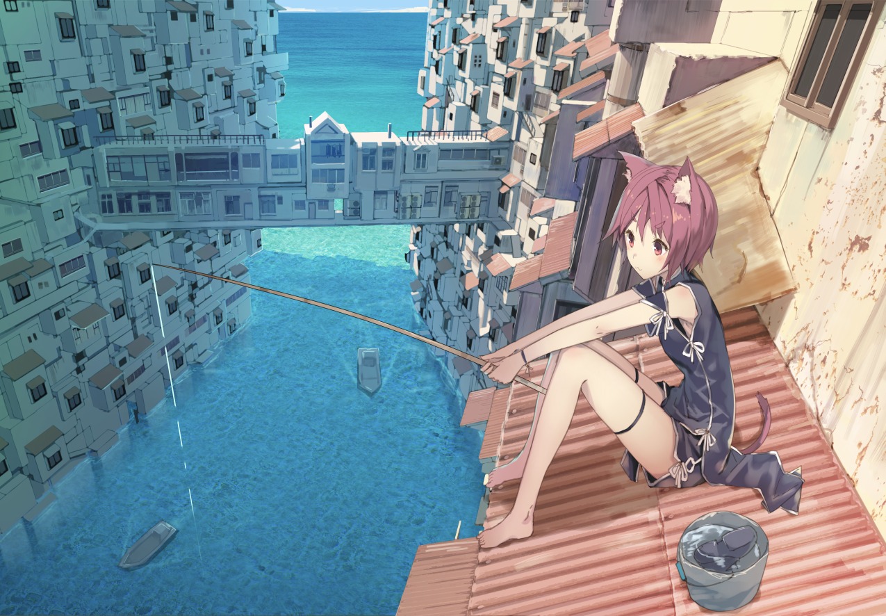 animal_ears, chinadress, garter, izumi_sai, landscape, nekomimi, tail