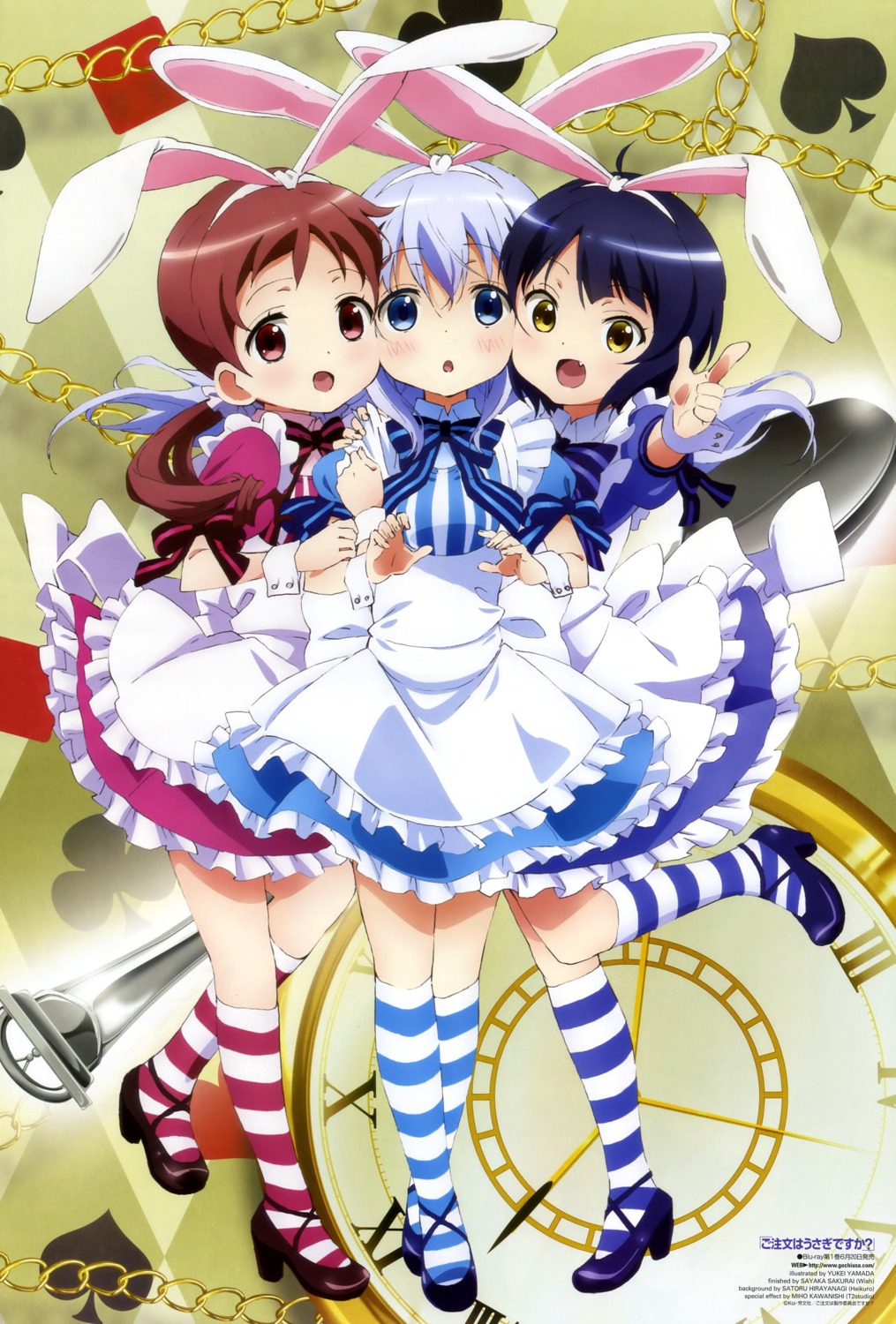 alice_in_wonderland, animal_ears, bunny_ears, crossover, gochuumon_wa_usagi_desu_ka?, heels, jouga_maya, kafuu_chino, natsu_megumi, yamada_yukei