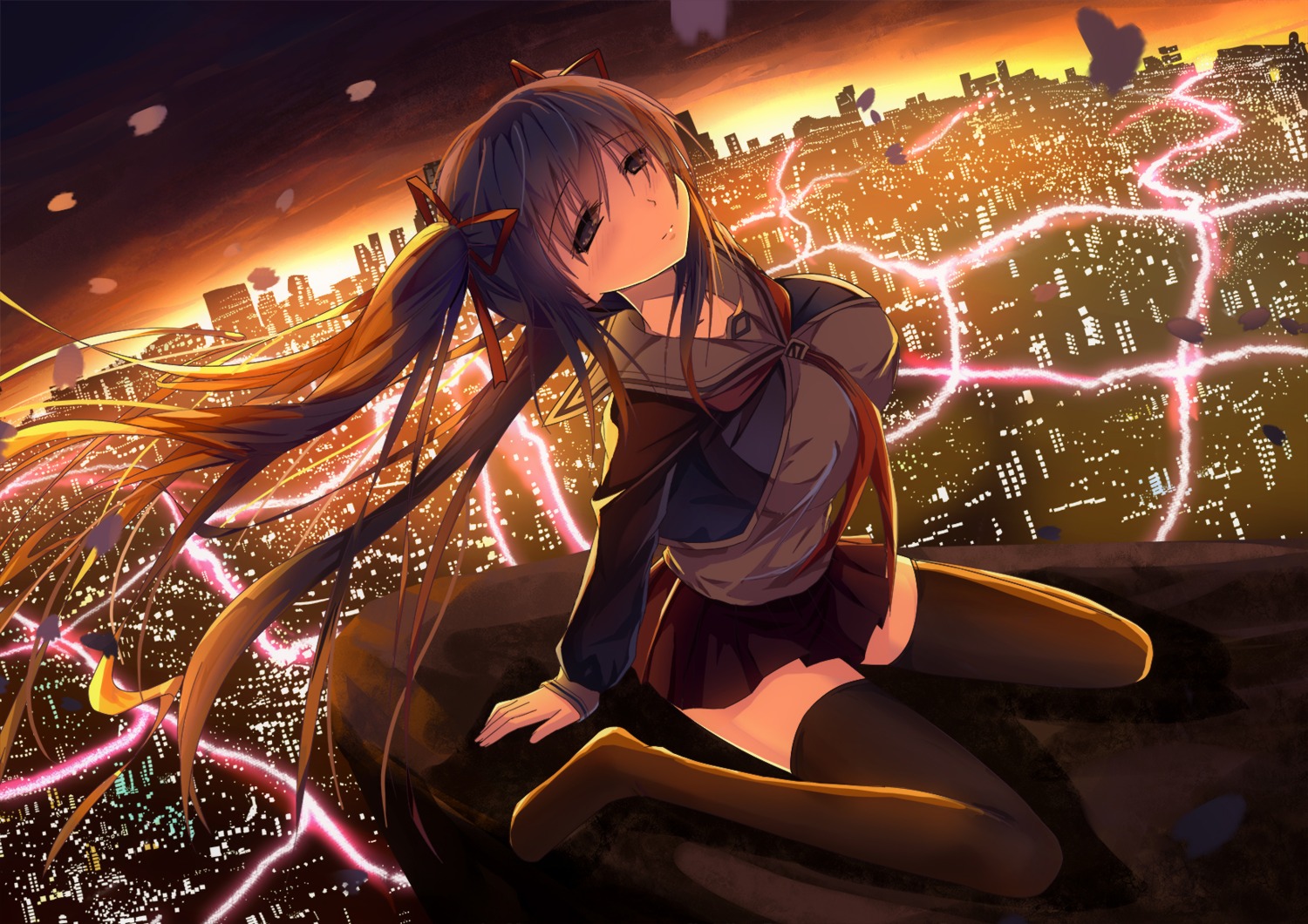 hatsune_miku, landscape, seifuku, thighhighs, tianya_beiming, vocaloid