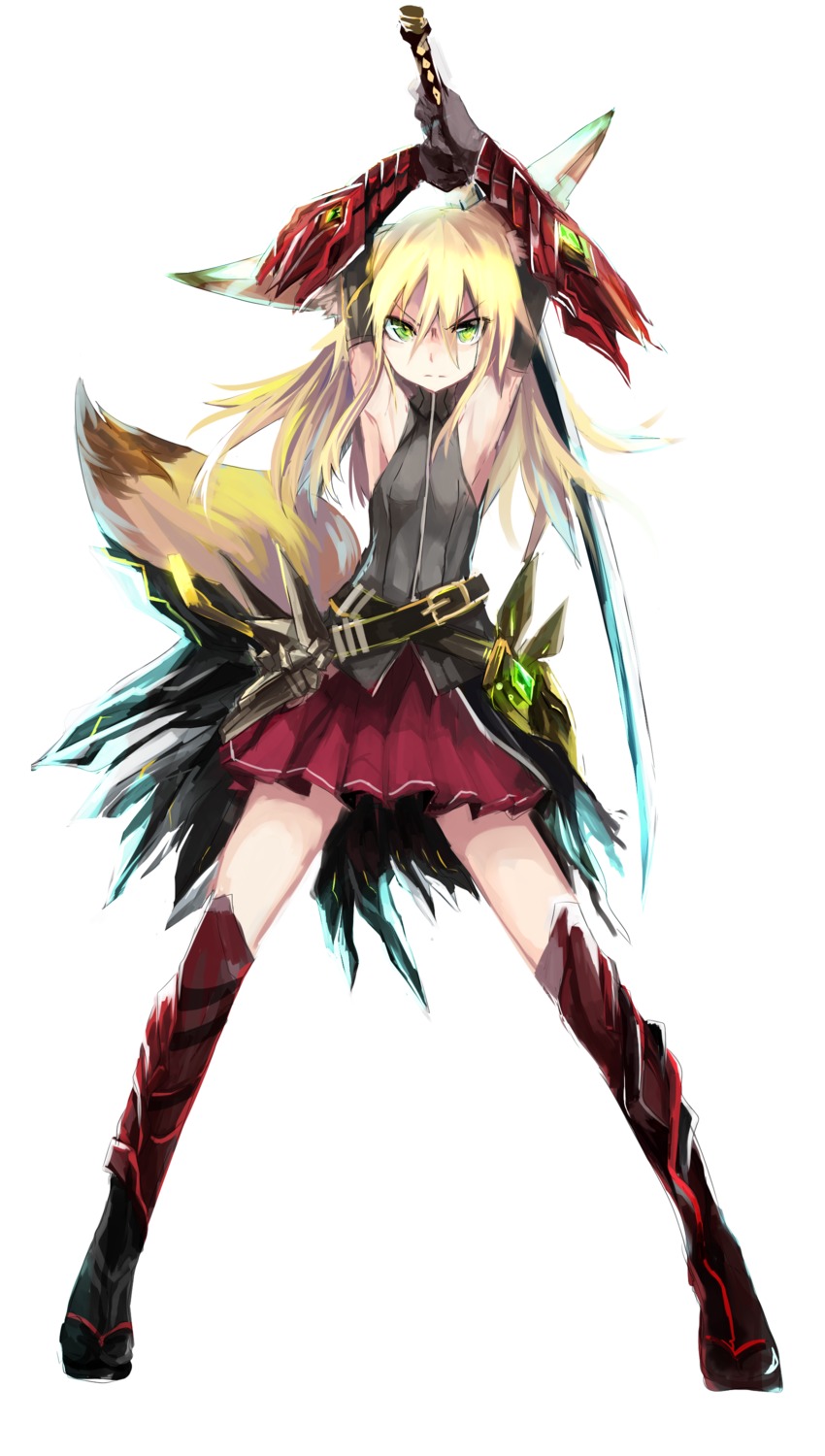 animal_ears, haik, kitsune, kokonoe_tsubaki, sword, tail, thighhighs