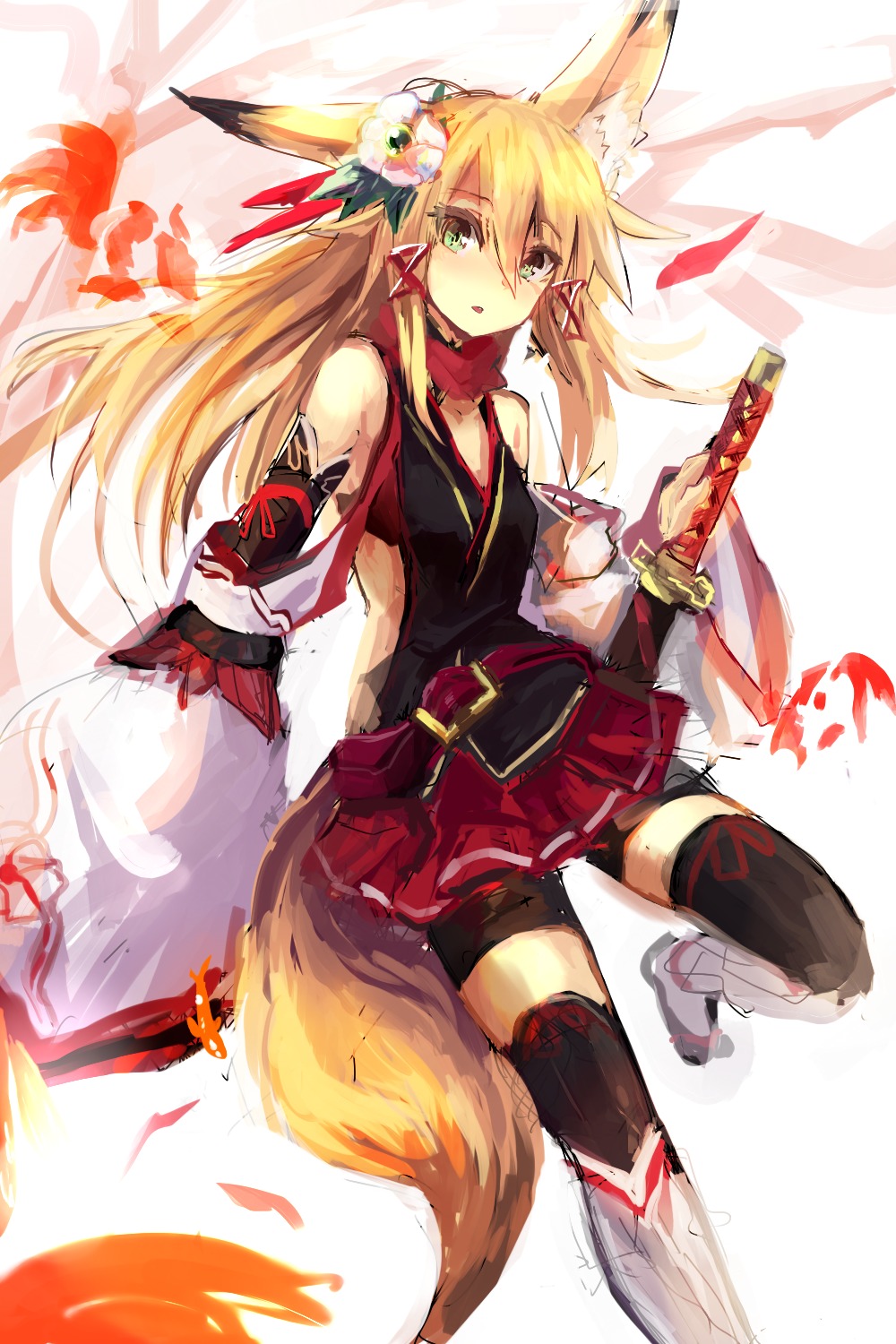 animal_ears, bike_shorts, haik, kitsune, kokonoe_tsubaki, sword, tail, thighhighs