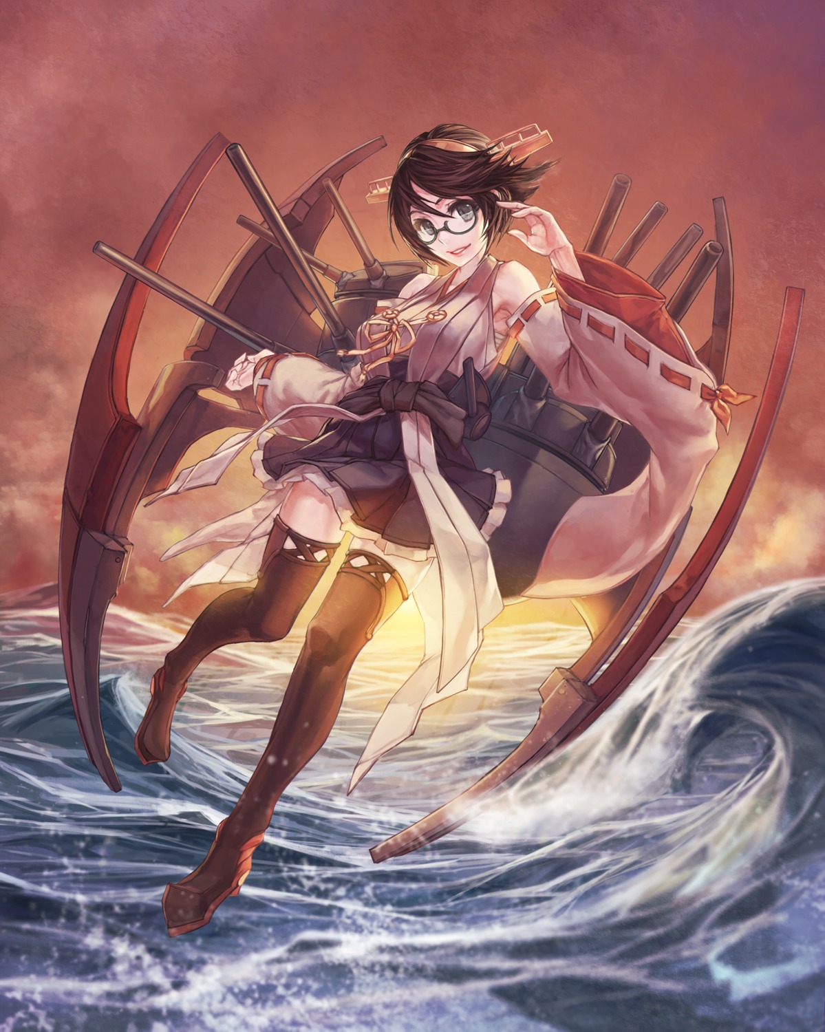 japanese_clothes, kantai_collection, kirishima_(kancolle), megane, rotix, thighhighs, weapon