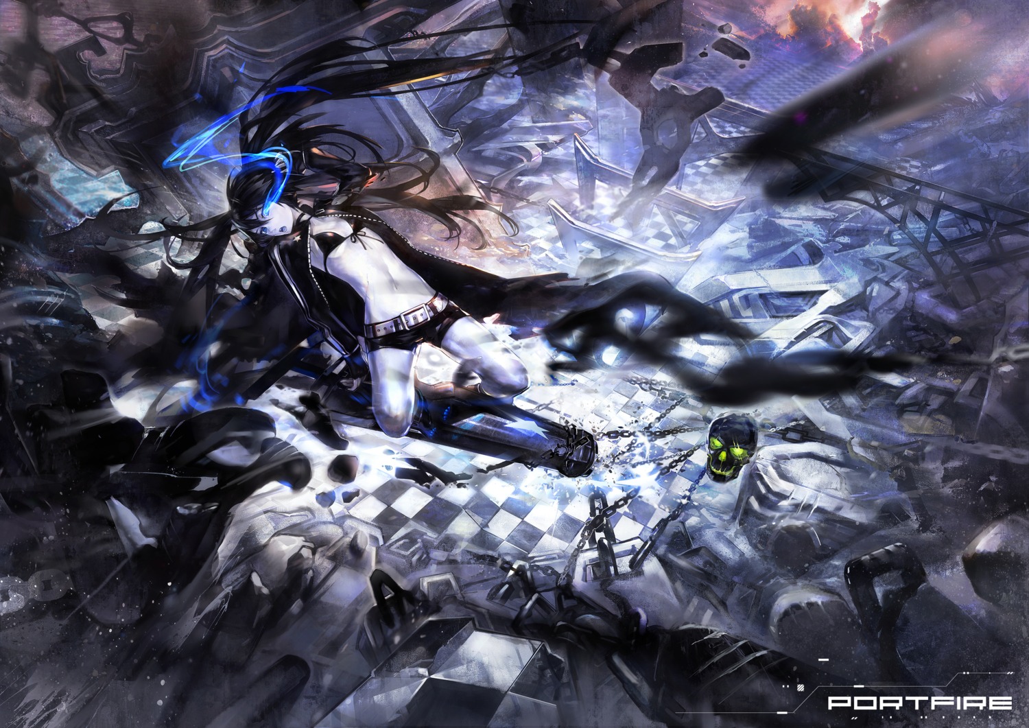 black_rock_shooter, black_rock_shooter_(character), el-zheng, gun, vocaloid, weapon