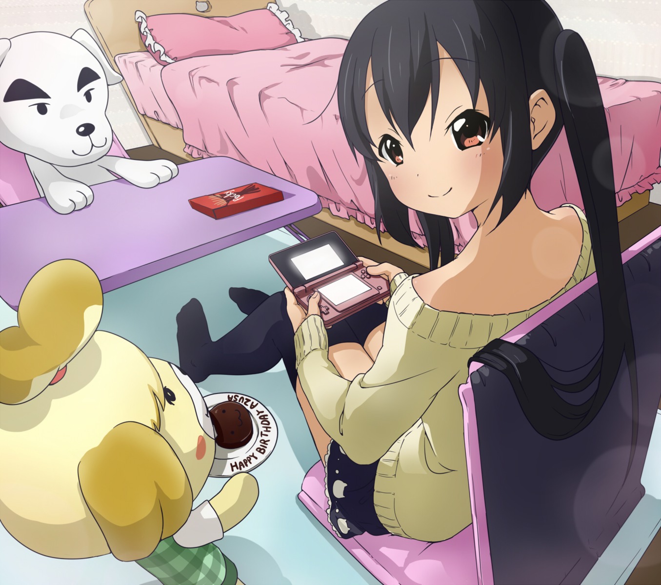 crossover, doubutsu_no_mori, k-on!, k.k._slider, nakano_azusa, shizue_(doubutsu_no_mori), thighhighs, waki_(pixiv2609622)