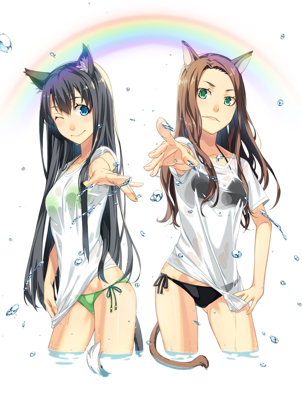 animal_ears, bikini, kimura_(ykimu), nekomimi, see_through, swimsuits, tail, wet_clothes