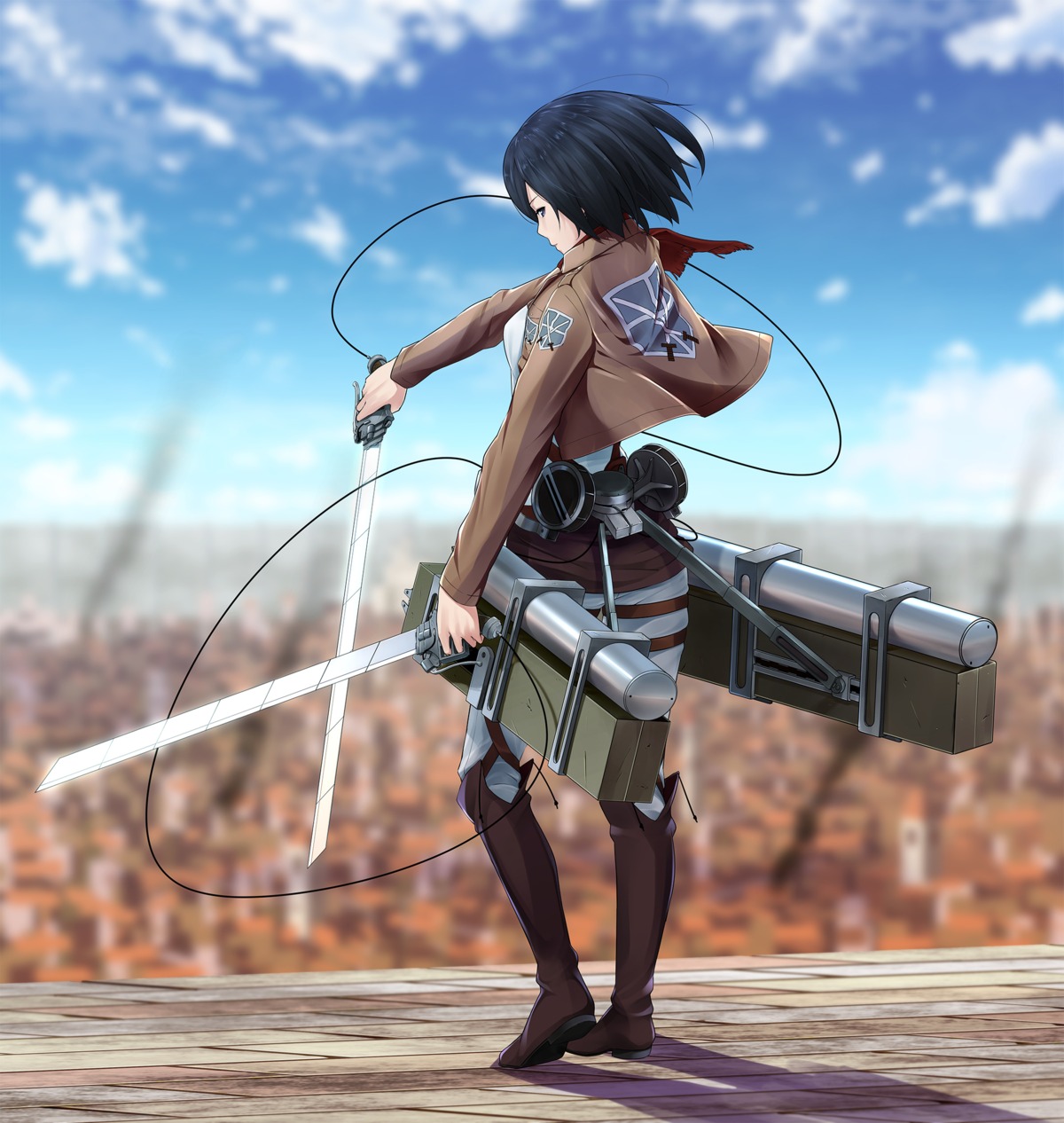 mikasa_ackerman, ninnzinn, shingeki_no_kyojin, sword, uniform, weapon