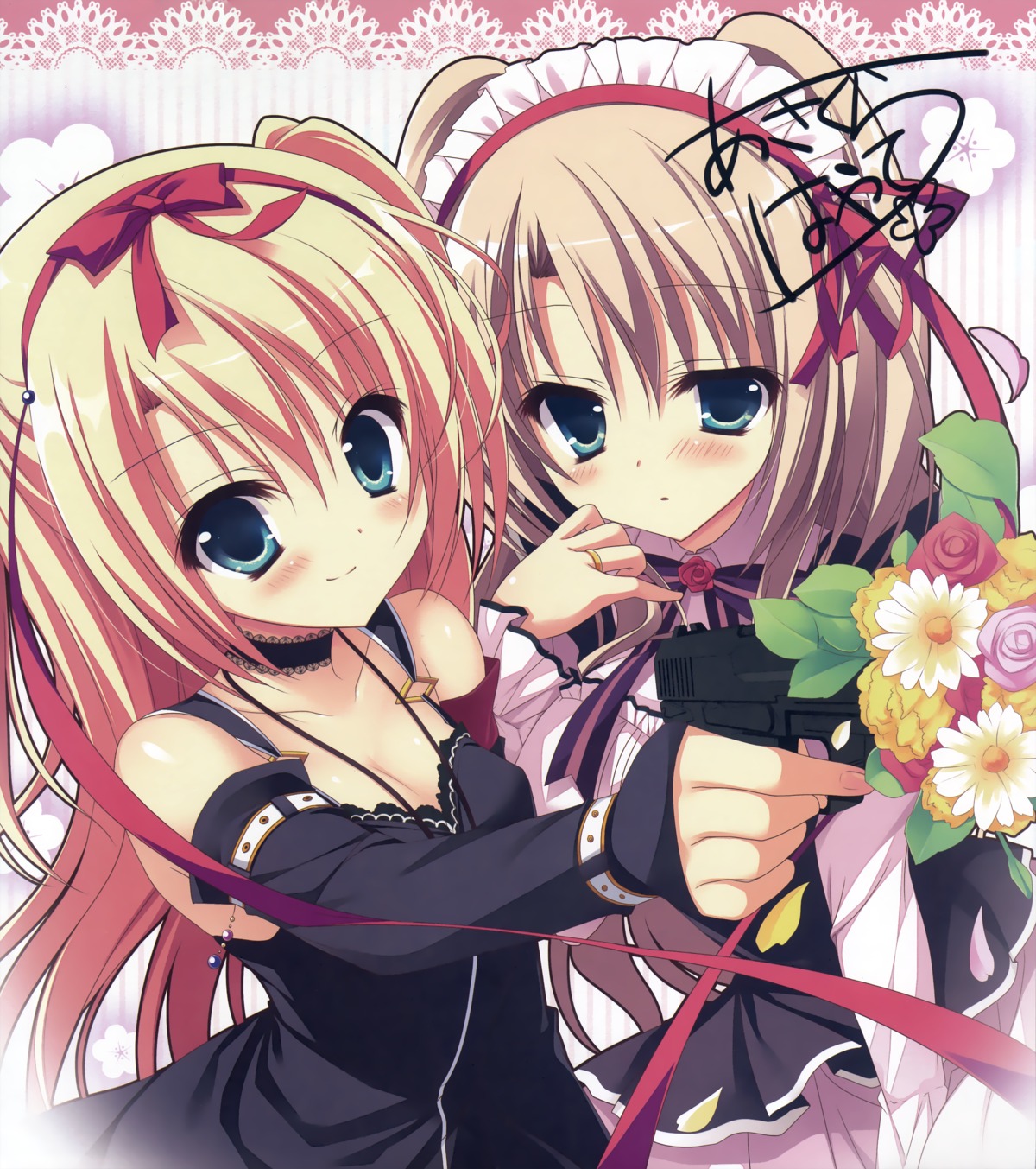 asakura_hayate, autographed, maid, majo_koi_nikki, qoobrand, tokeizaka_kanon, tokeizaka_rei, weapon