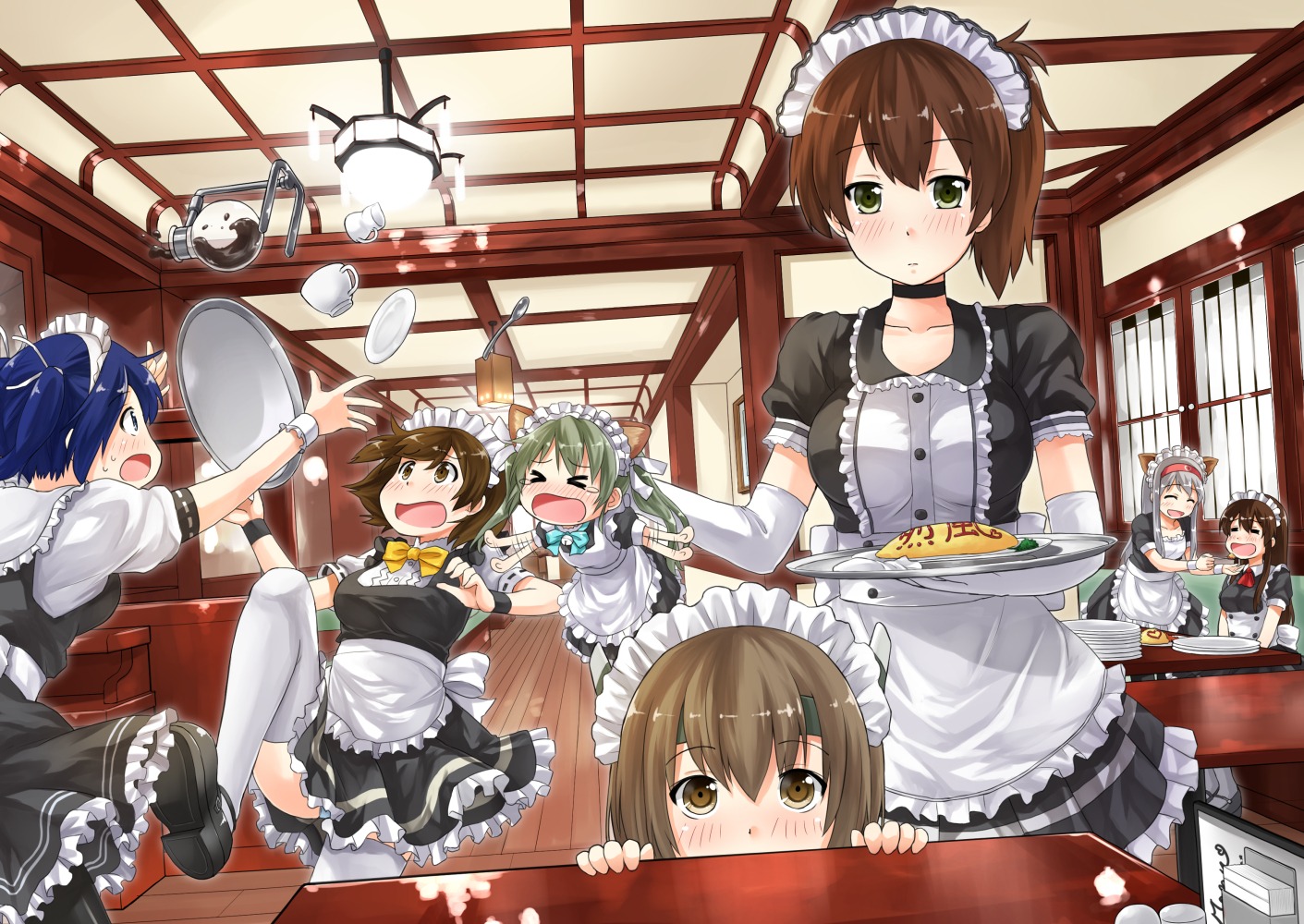 akagi_(kancolle), arai_harumaki, hiryuu_(kancolle), kaga_(kancolle), kantai_collection, maid, shoukaku_(kancolle), souryuu_(kancolle), taihou_(kancolle), thighhighs, zuikaku_(kancolle)