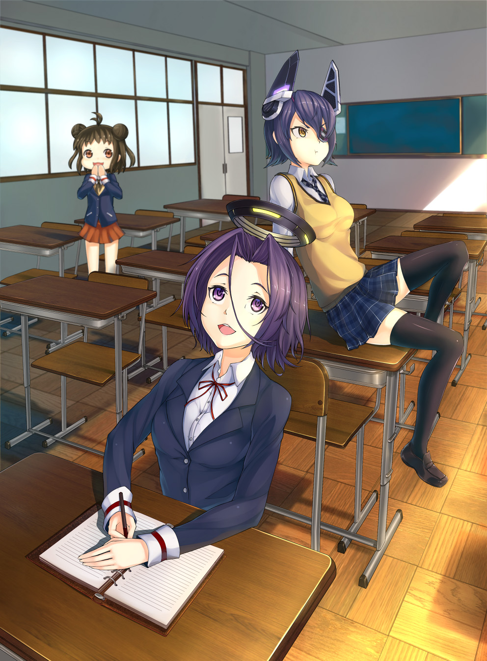 e_neko, eyepatch, kantai_collection, naka_(kancolle), seifuku, tatsuta_(kancolle), tenryuu_(kancolle), thighhighs