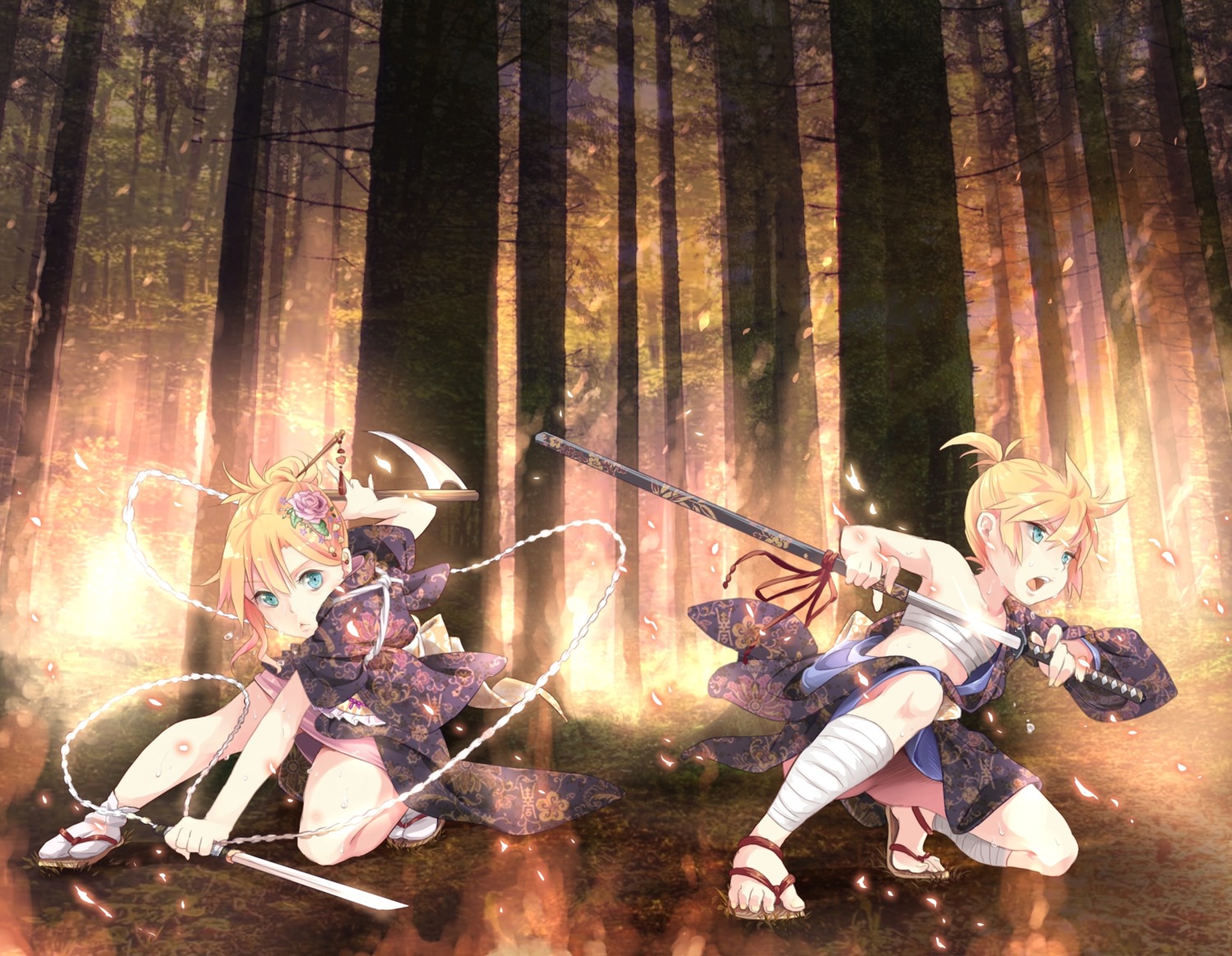 hpflower, japanese_clothes, kagamine_len, kagamine_rin, sword, vocaloid