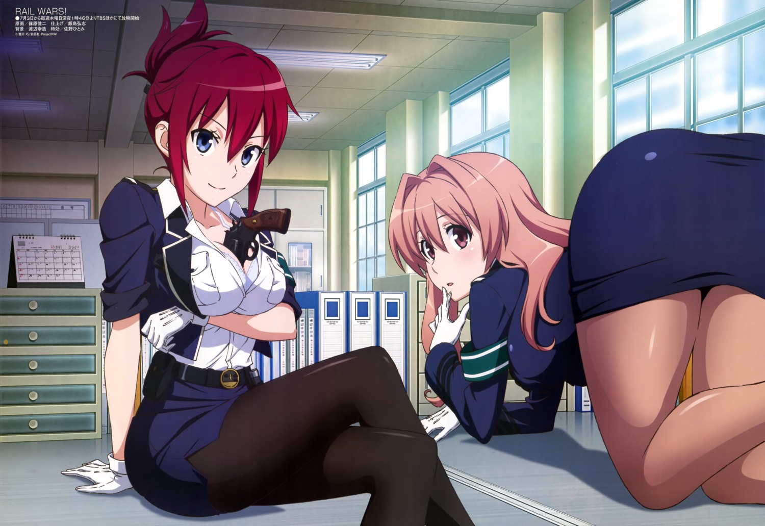 bra, breast_hold, cleavage, gun, koumi_haruka, pantyhose, police_uniform, rail_wars!, sakurai_aoi_(rail_wars!), shinohara_kenji, uniform