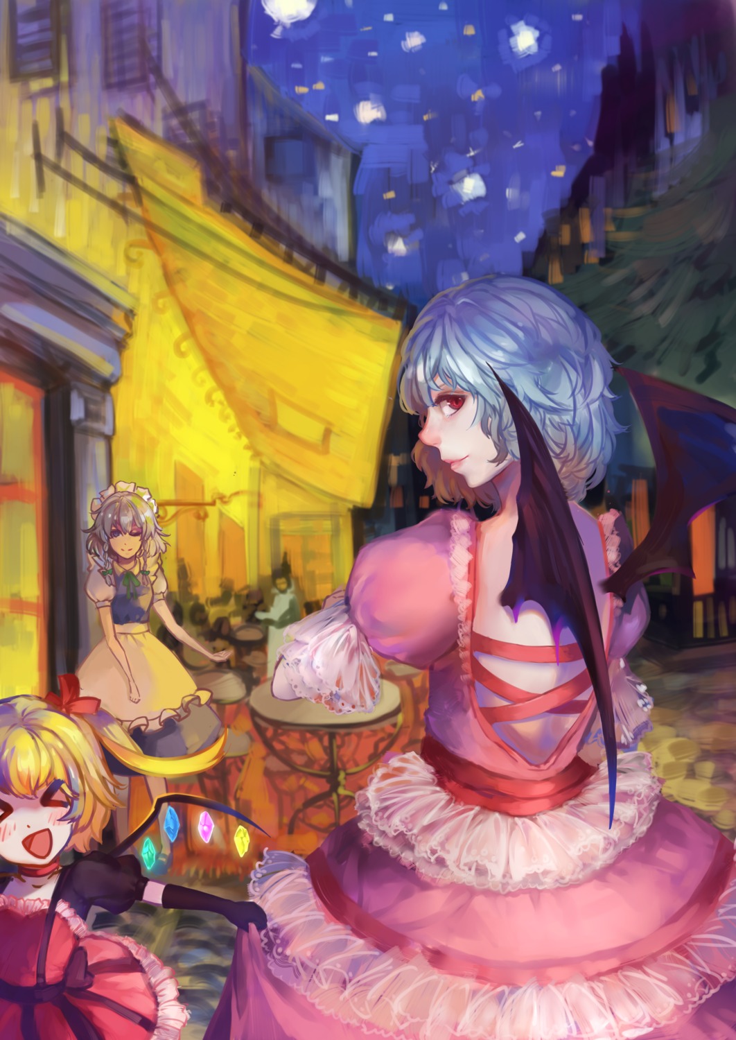 bat, flandre_scarlet, izayoi_sakuya, remilia_scarlet, touhou, wings