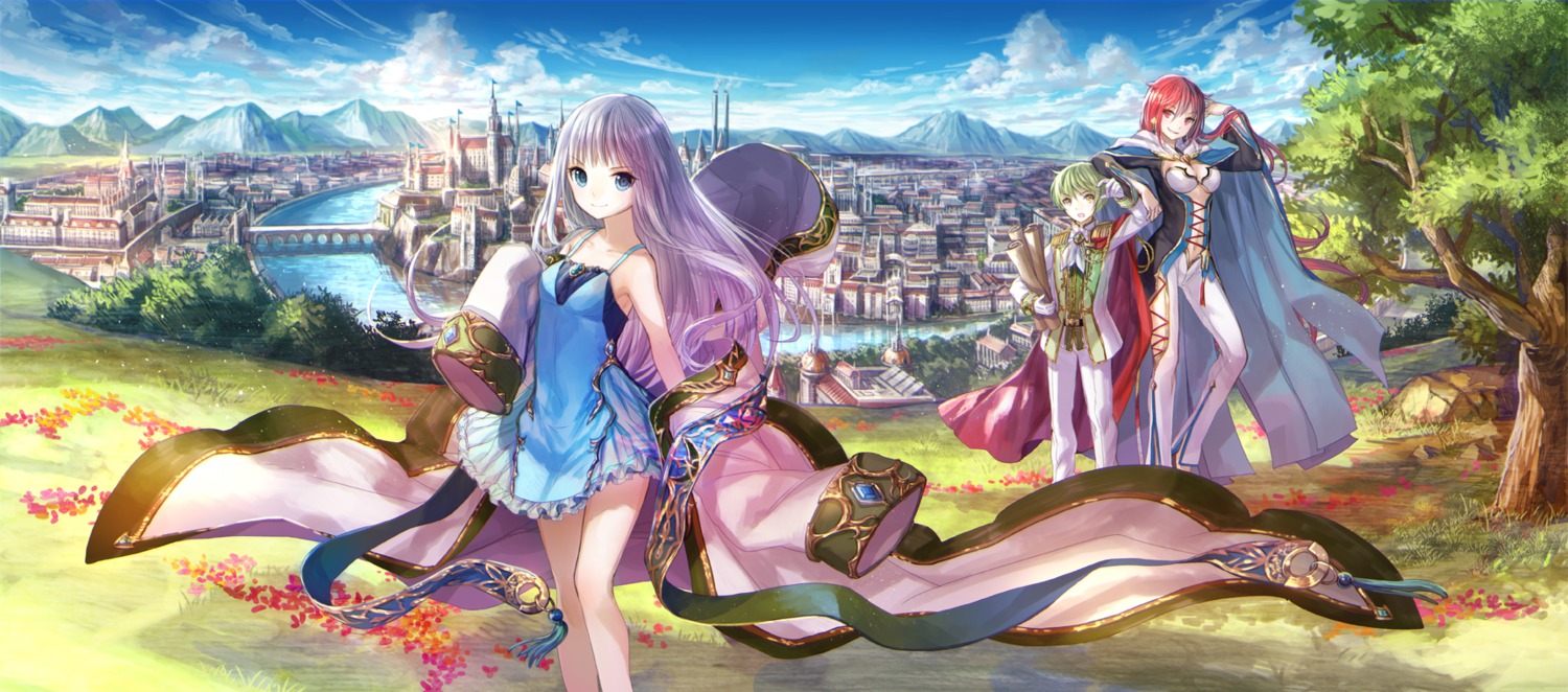 dress, fuzichoko, kenja_no_deshi_wo_nanoru_kenja, landscape, luminaria_(kenja_no_deshi_wo_nanoru_kenja), mira_(kenja_no_deshi_wo_nanoru_kenja), no_bra