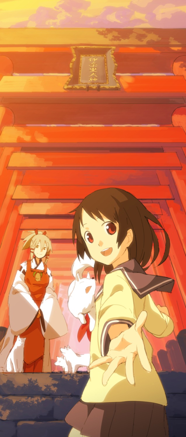 fushimi_inari, inari_konkon_koi_iroha, kon_(inari_konkon_koi_iroha), miko, seifuku, seu_kaname, ukanomitama_no_kami