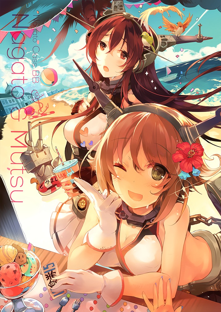 cleavage, kantai_collection, kirero, mutsu_(kancolle), nagato_(kancolle), rensouhou-chan