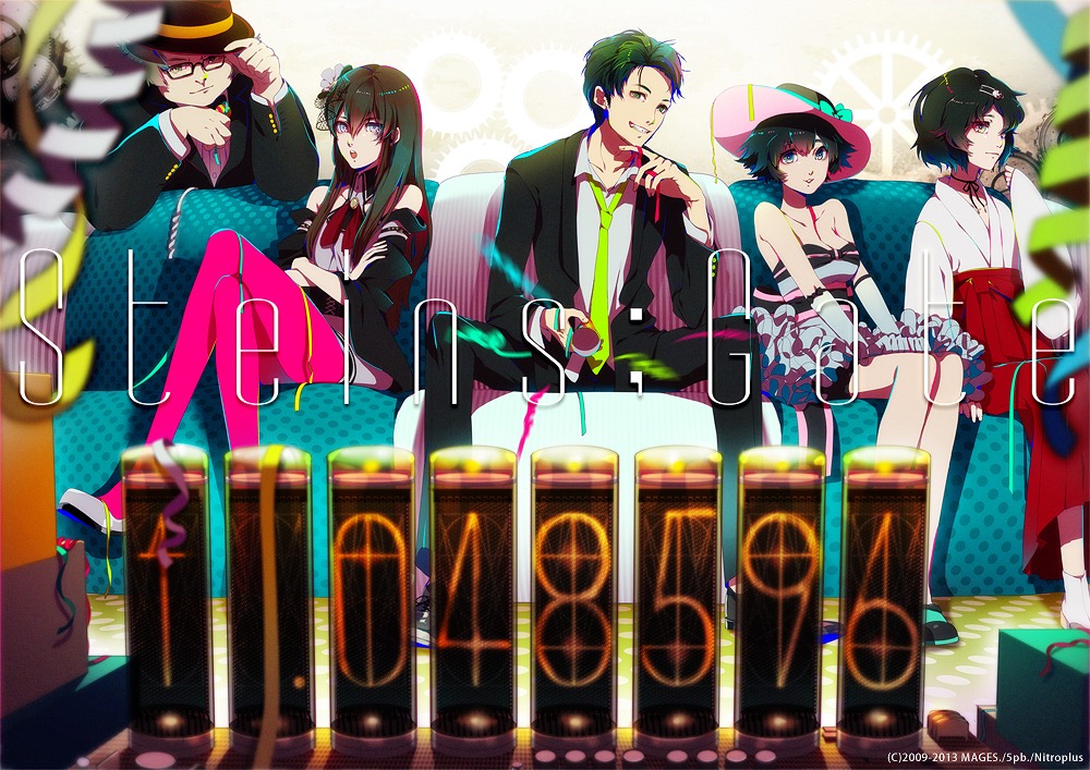 akiakane, cleavage, dress, hashida_itaru, makise_kurisu, miko, okabe_rintarou, pantyhose, shiina_mayuri, steins;gate, trap, urushibara_luka