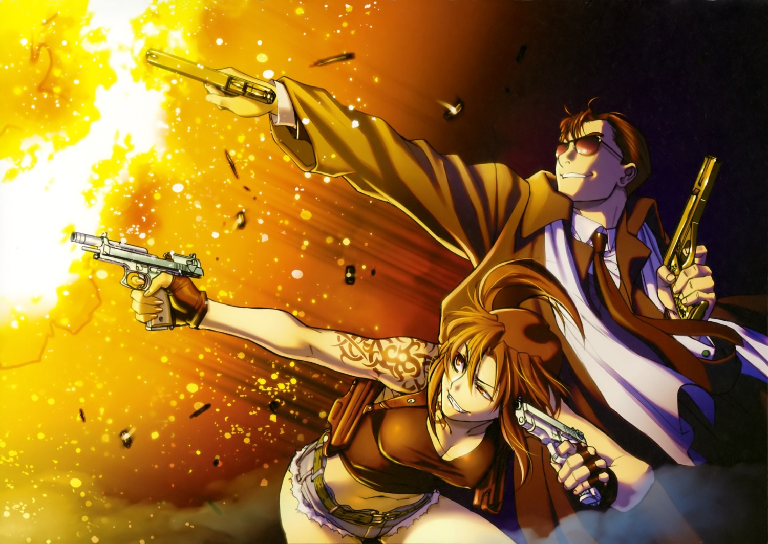 black_lagoon, cleavage, gun, hiroe_rei, mr._chang, revy, tattoo