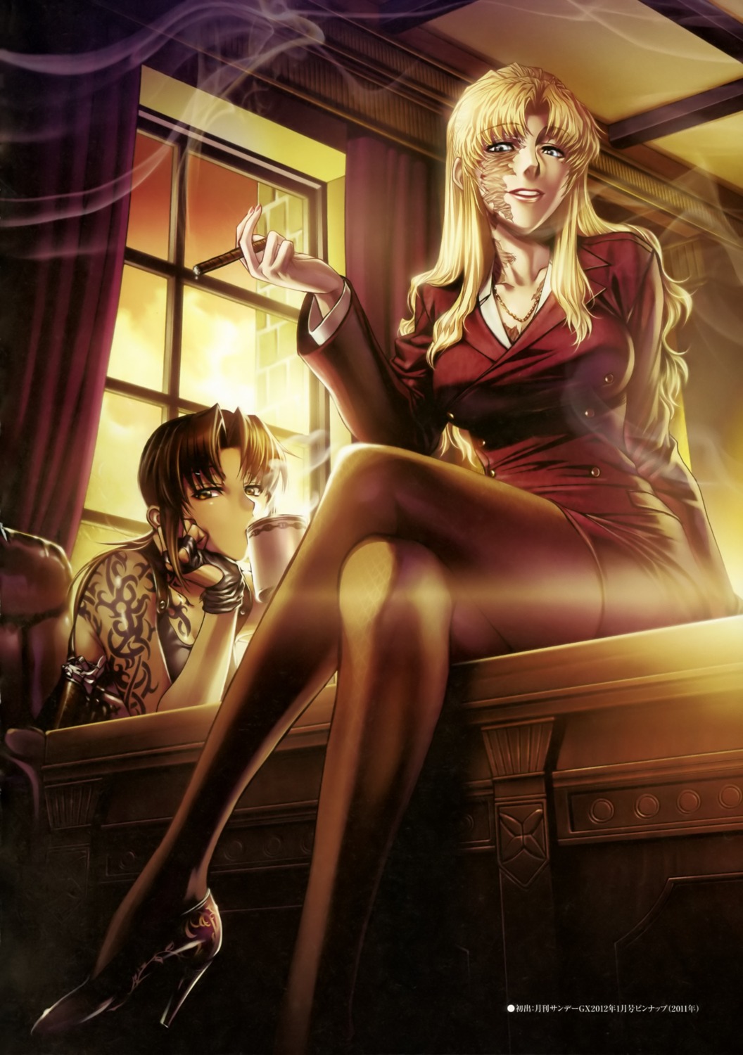 balalaika, black_lagoon, hiroe_rei, pantyhose, revy, smoking, tattoo