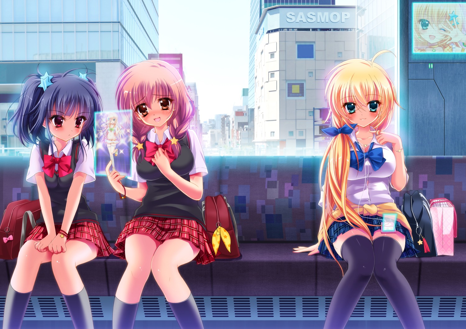 cleavage, headphones, ichi_rin, seifuku, thighhighs