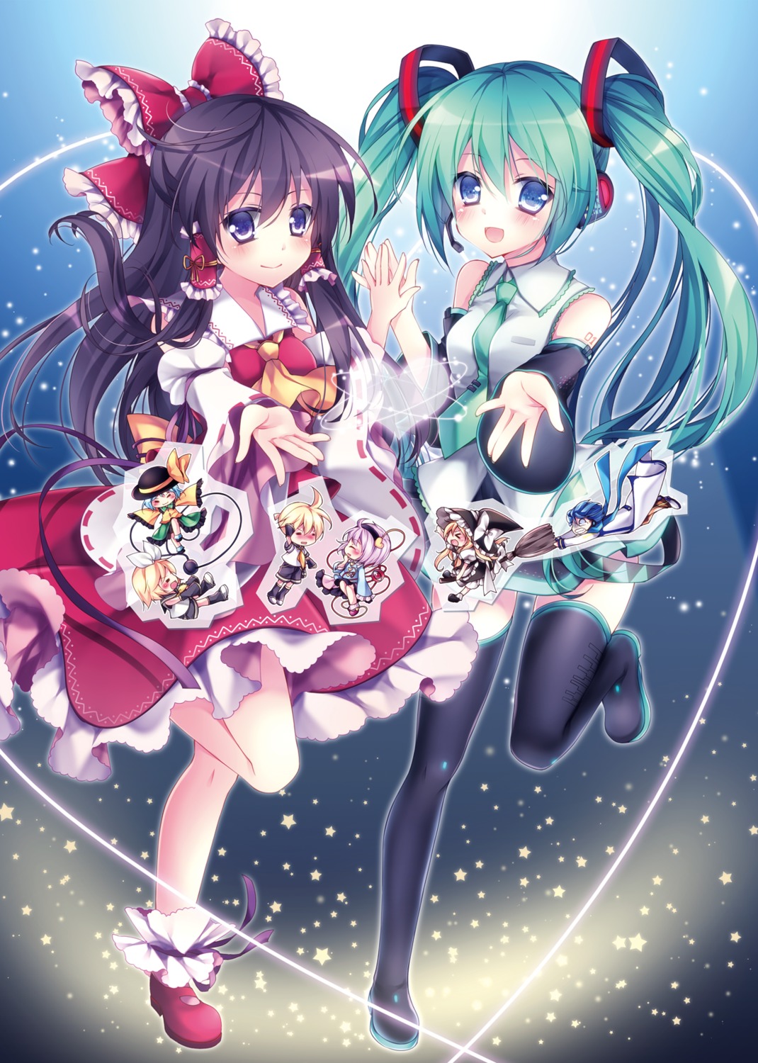 chibi, dress, hakurei_reimu, hatsune_miku, headphones, kagamine_len, kagamine_rin, kaito