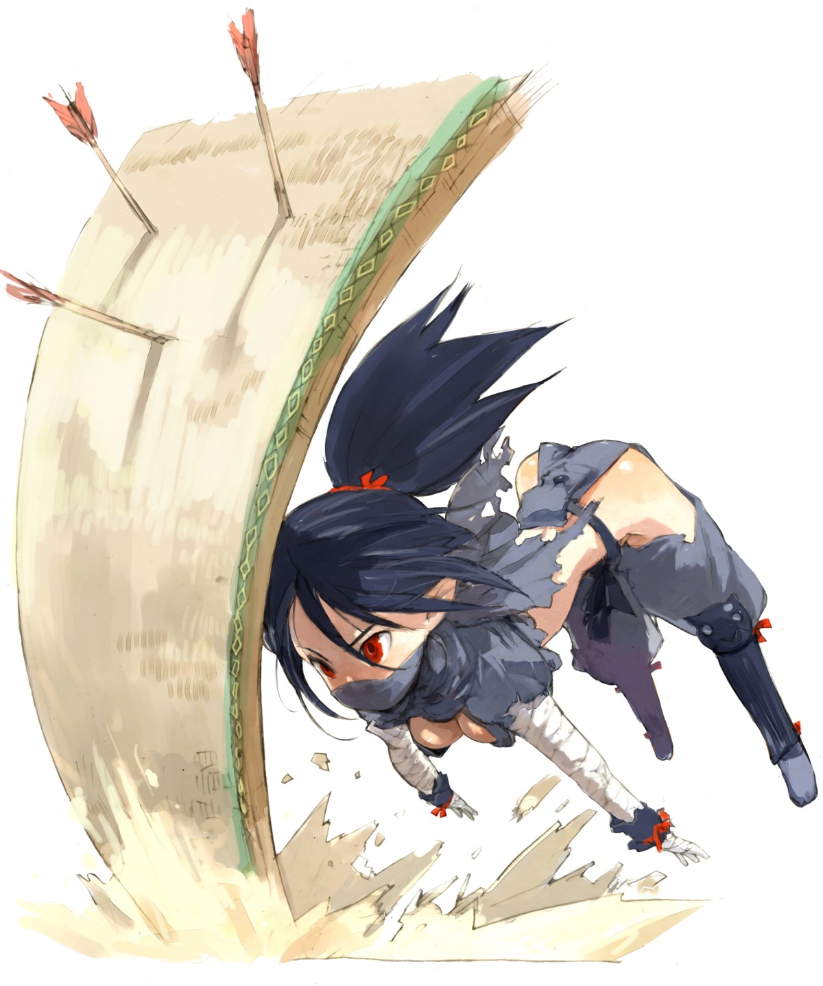 armor, bandages, cleavage, disgaea, elf, kunoichi_(disgaea), ninja, nopan, pointy_ears, toi8, torn_clothes