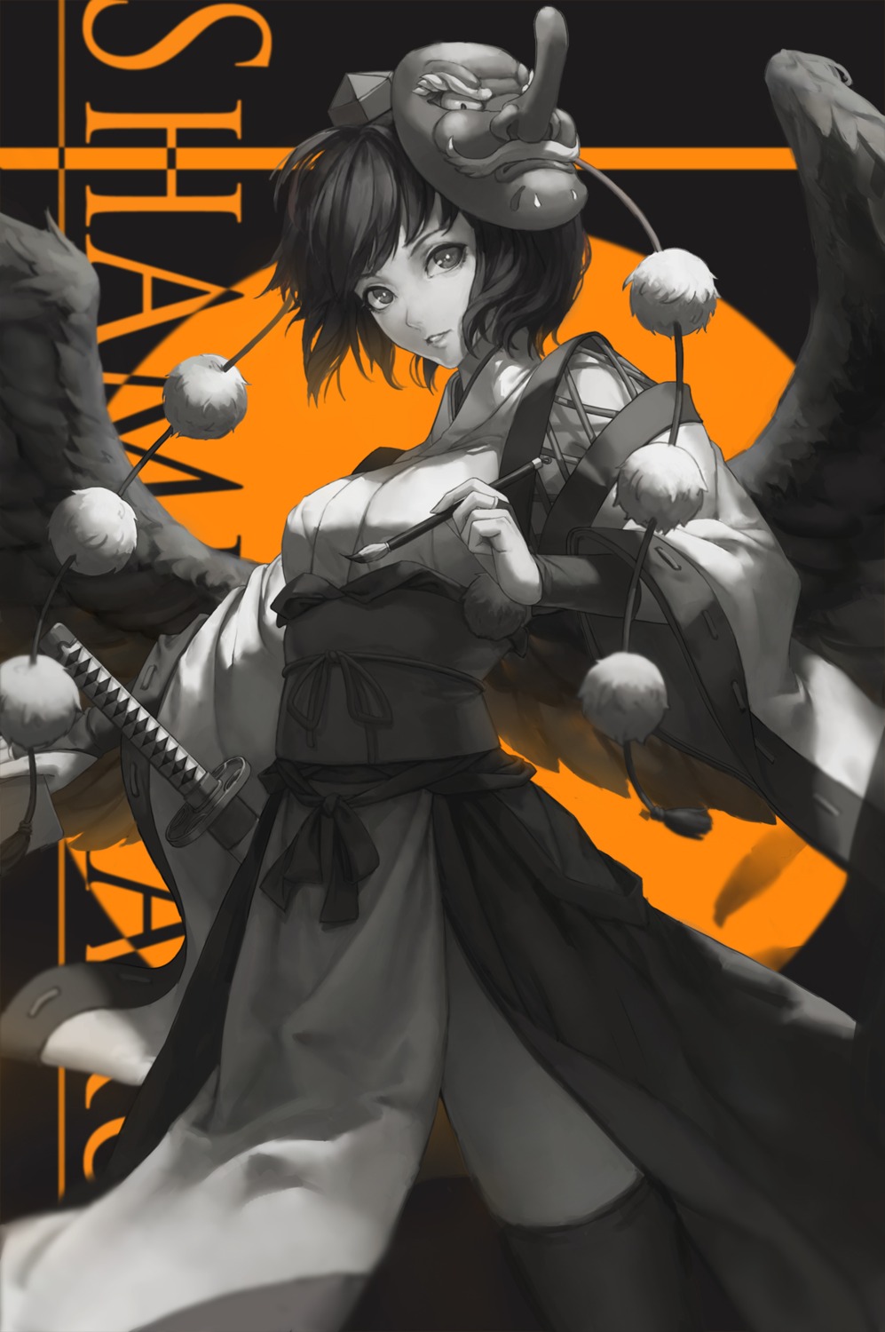 liuli, shameimaru_aya, sword, thighhighs, touhou, wings