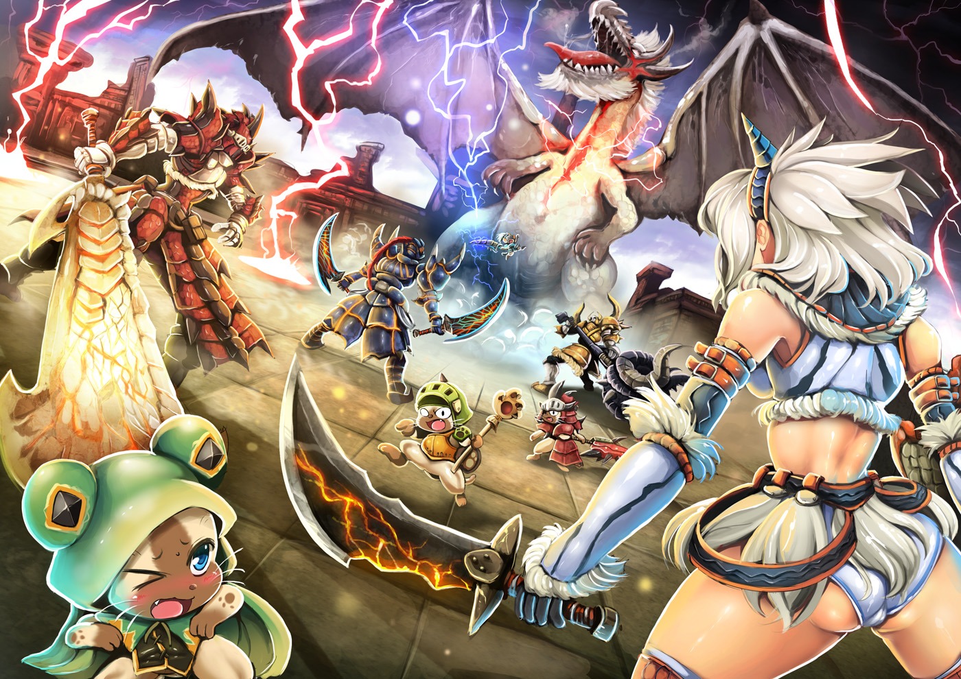 akantor_(armor), diablos_(armor), felyne, goushou, kirin_(armor), monster, monster_hunter, rathalos_(armor), sword, white_fatalis