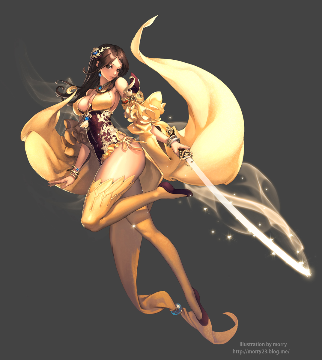 cleavage, na_in-sung, sword, thighhighs