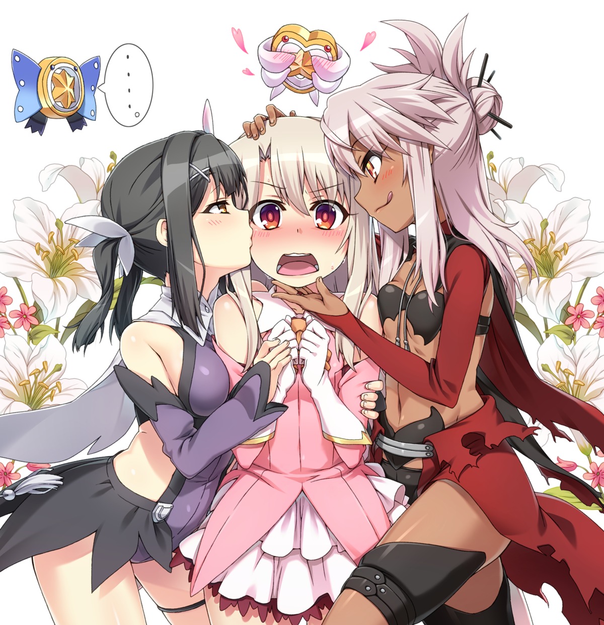 chloe_von_einzbern, dress, fate/kaleid_liner_prisma_illya, fate/stay_night, garter, illyasviel_von_einzbern, leotard, magical_ruby, magical_sapphire, miyu_edelfelt, takunari, torn_clothes, yuri