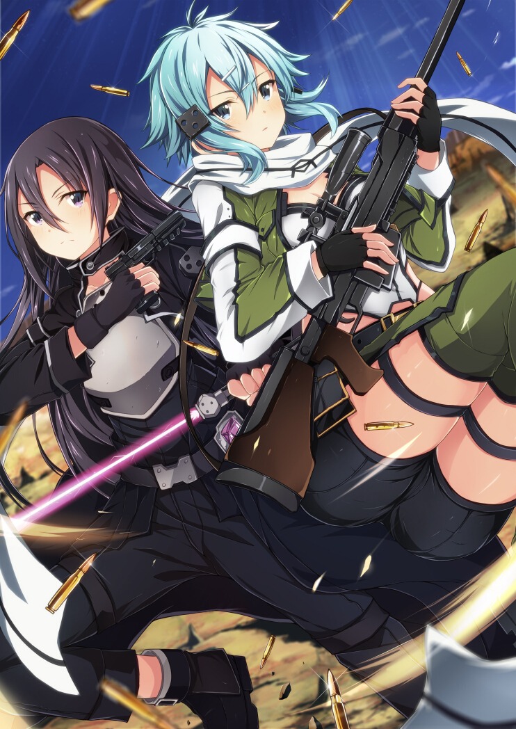 gun, gun_gale_online, jianren, kirito, sinon, sword_art_online, thighhighs
