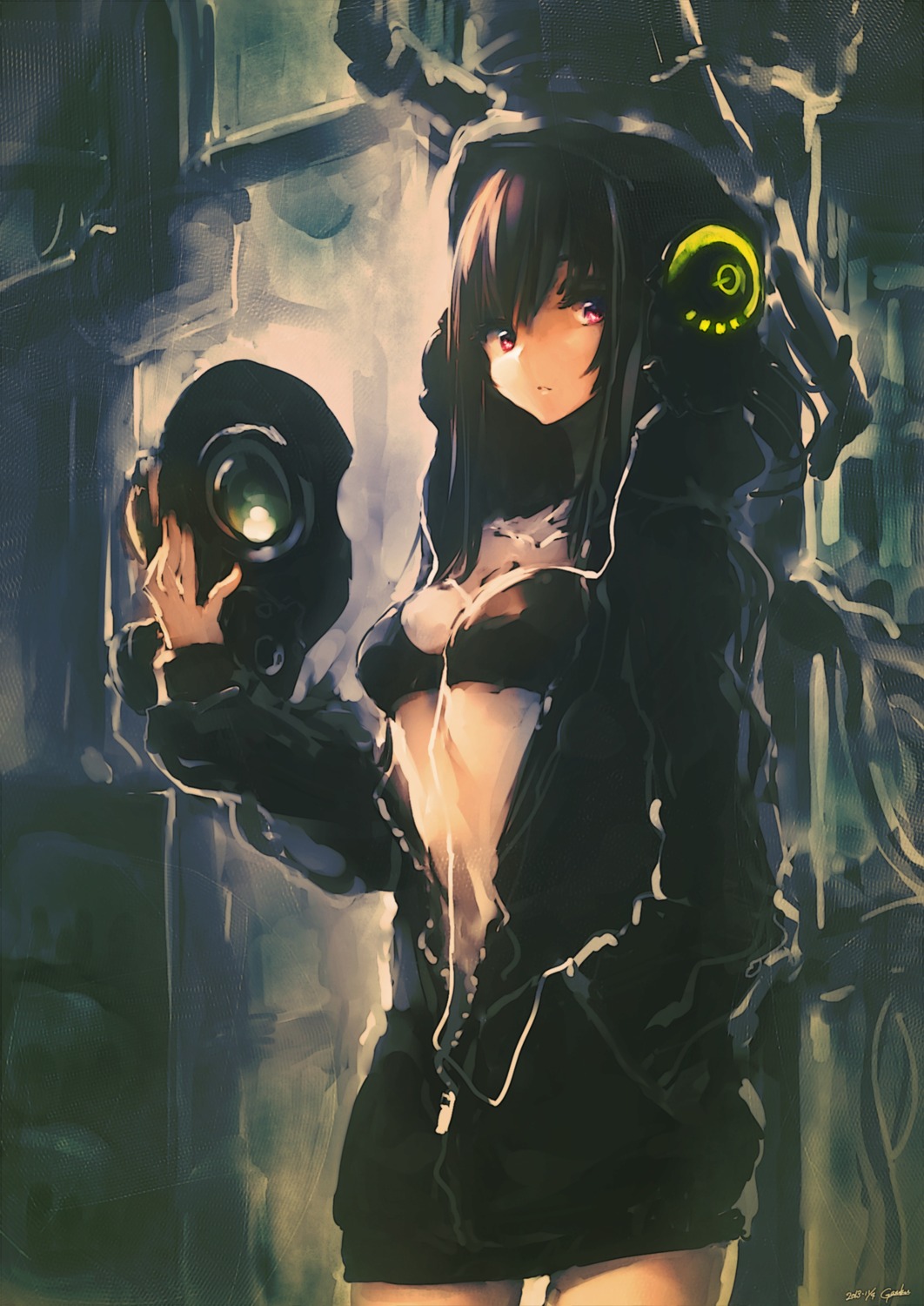 bikini_top, garuku, headphones, open_shirt, swimsuits