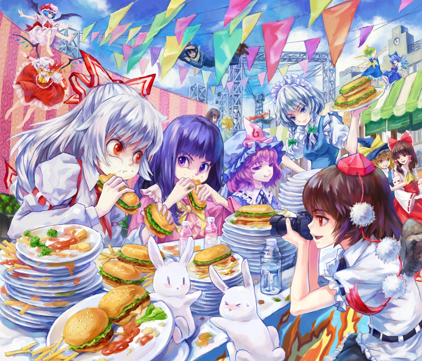 cirno, daiyousei, dress, flandre_scarlet, fujiwara_no_mokou, hakurei_reimu, houraisan_kaguya, izayoi_sakuya, kirisame_marisa, maid, miko, noragami, phideas, remilia_scarlet, saigyouji_yuyuko, shameimaru_aya, touhou, wings, yato