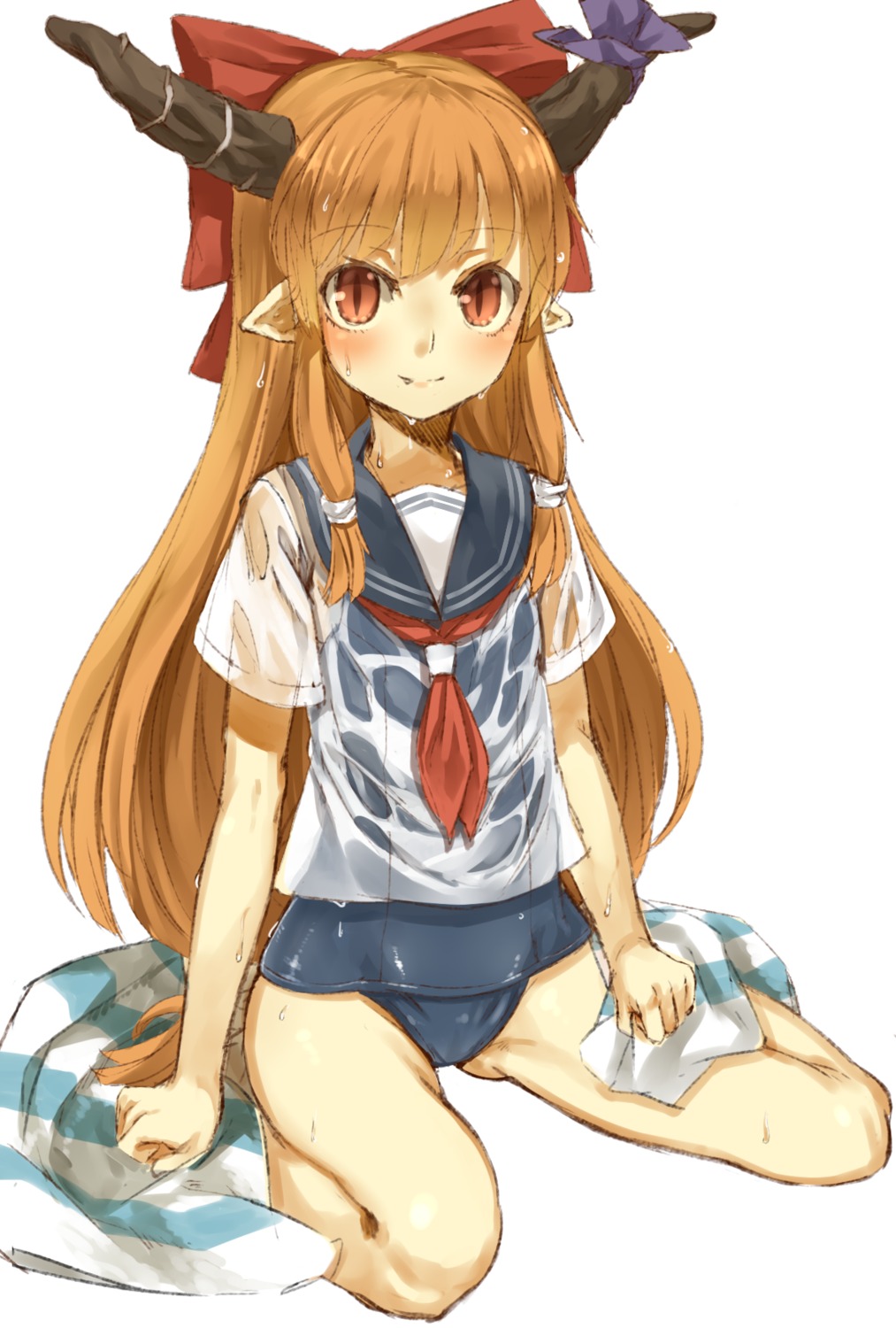 horns, ibuki_suika, nishiuri, school_swimsuit, seifuku, swimsuits, touhou, wet_clothes