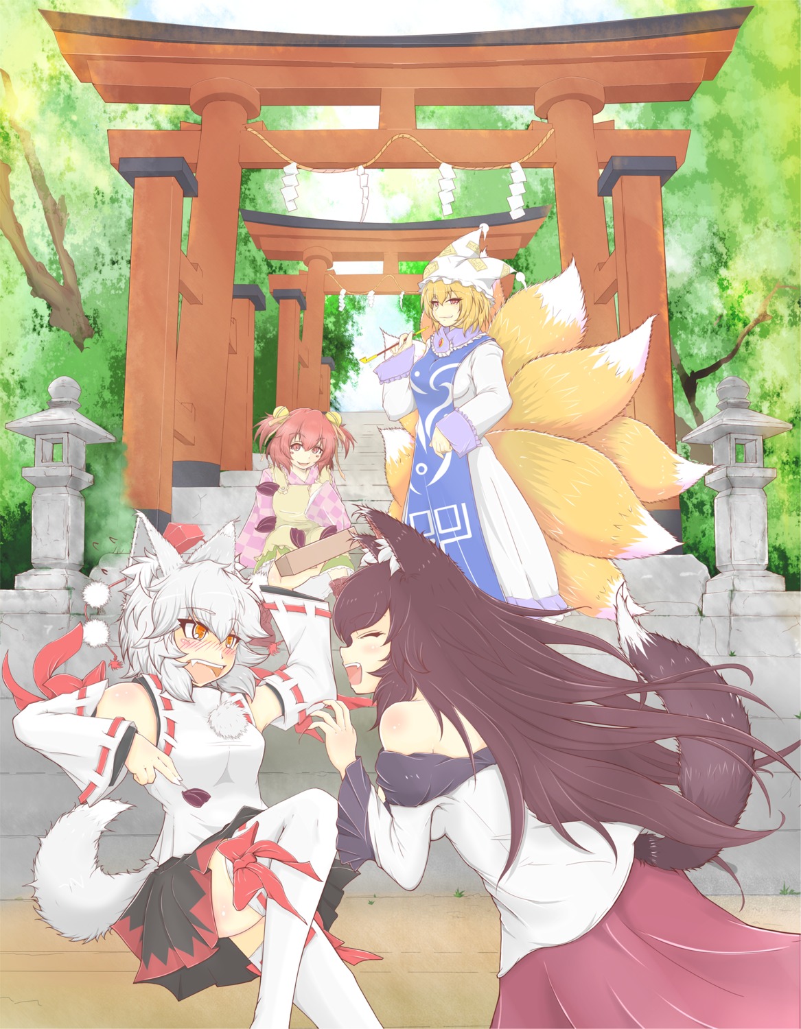 animal_ears, cube85, imaizumi_kagerou, inubashiri_momiji, kitsune, motoori_kosuzu, tail, thighhighs, touhou, yakumo_ran