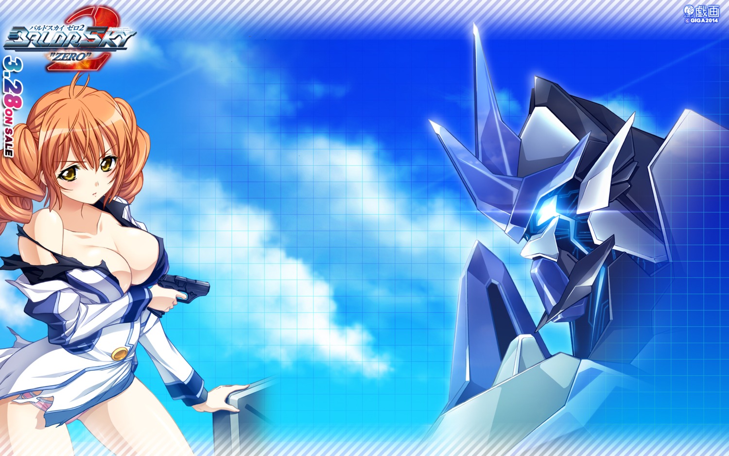 baldr_sky_zero, cleavage, giga, gun, mecha, no_bra, pantsu, torn_clothes, wallpaper