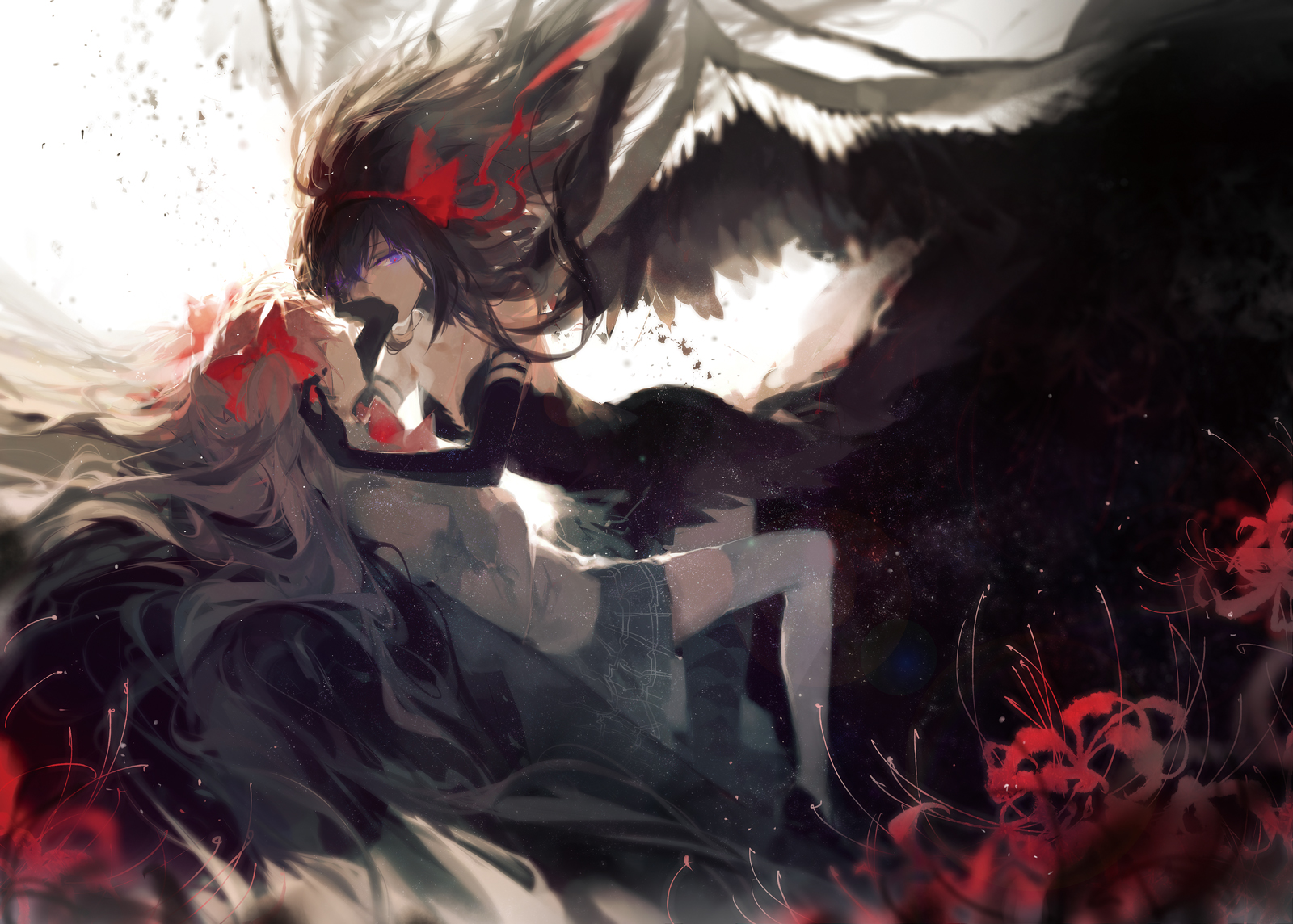 akemi_homura, dress, kaname_madoka, mahou_shoujo_madoka_magica, rella, seifuku, thighhighs, wings