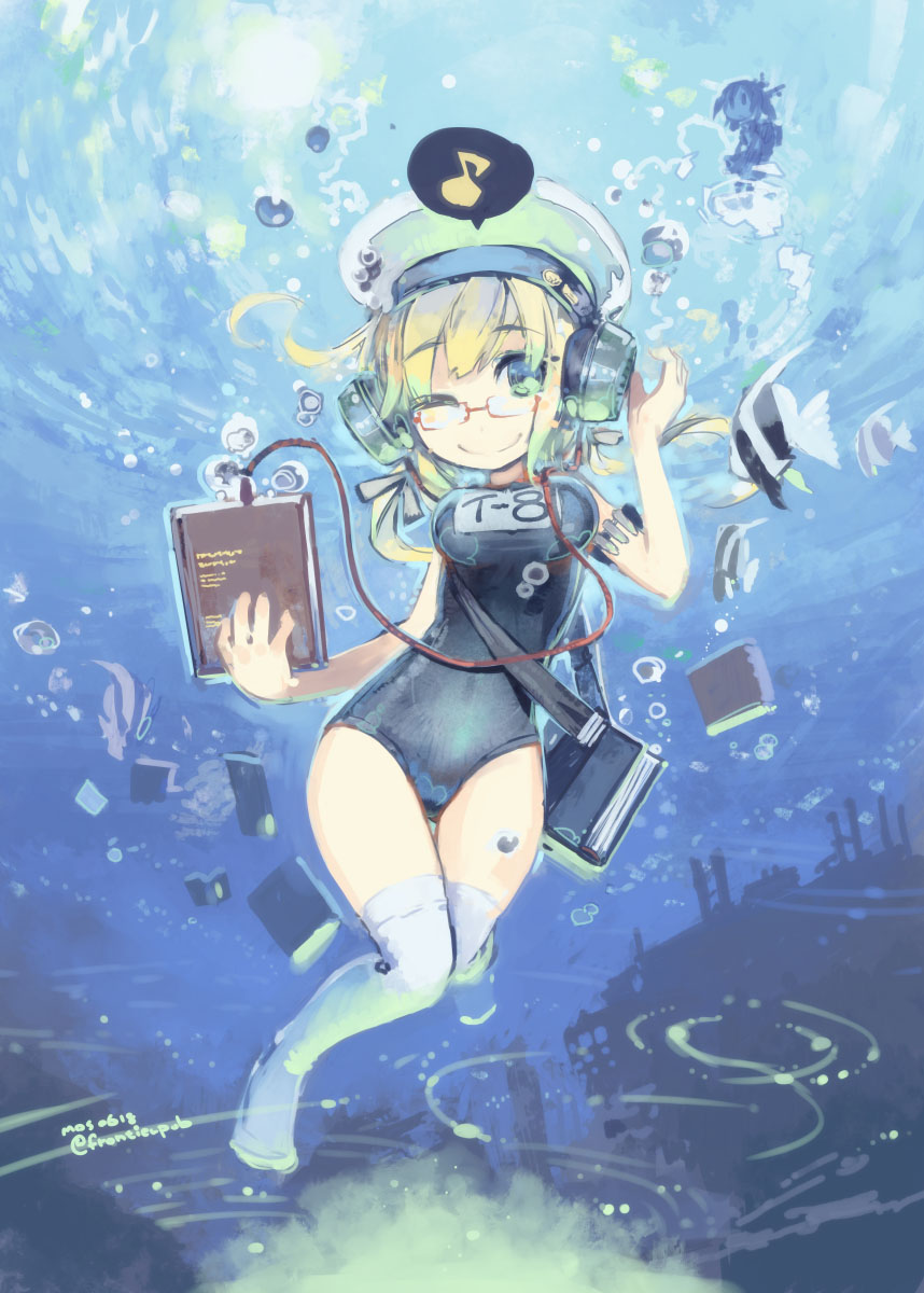 headphones, i-8_(kancolle), kantai_collection, konno_takashi, megane, school_swimsuit, swimsuits, thighhighs