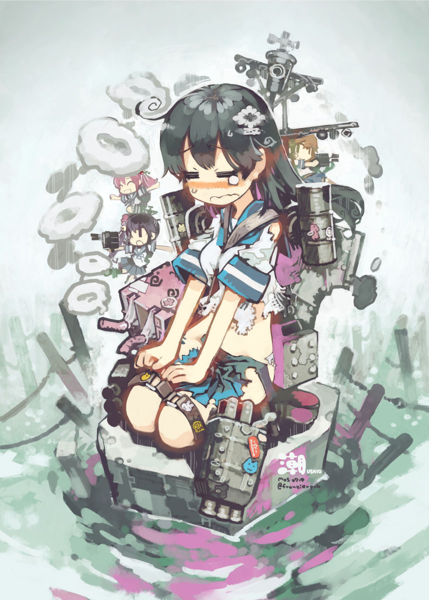 kantai_collection, konno_takashi, sazanami_(kancolle), torn_clothes, ushio_(kancolle)